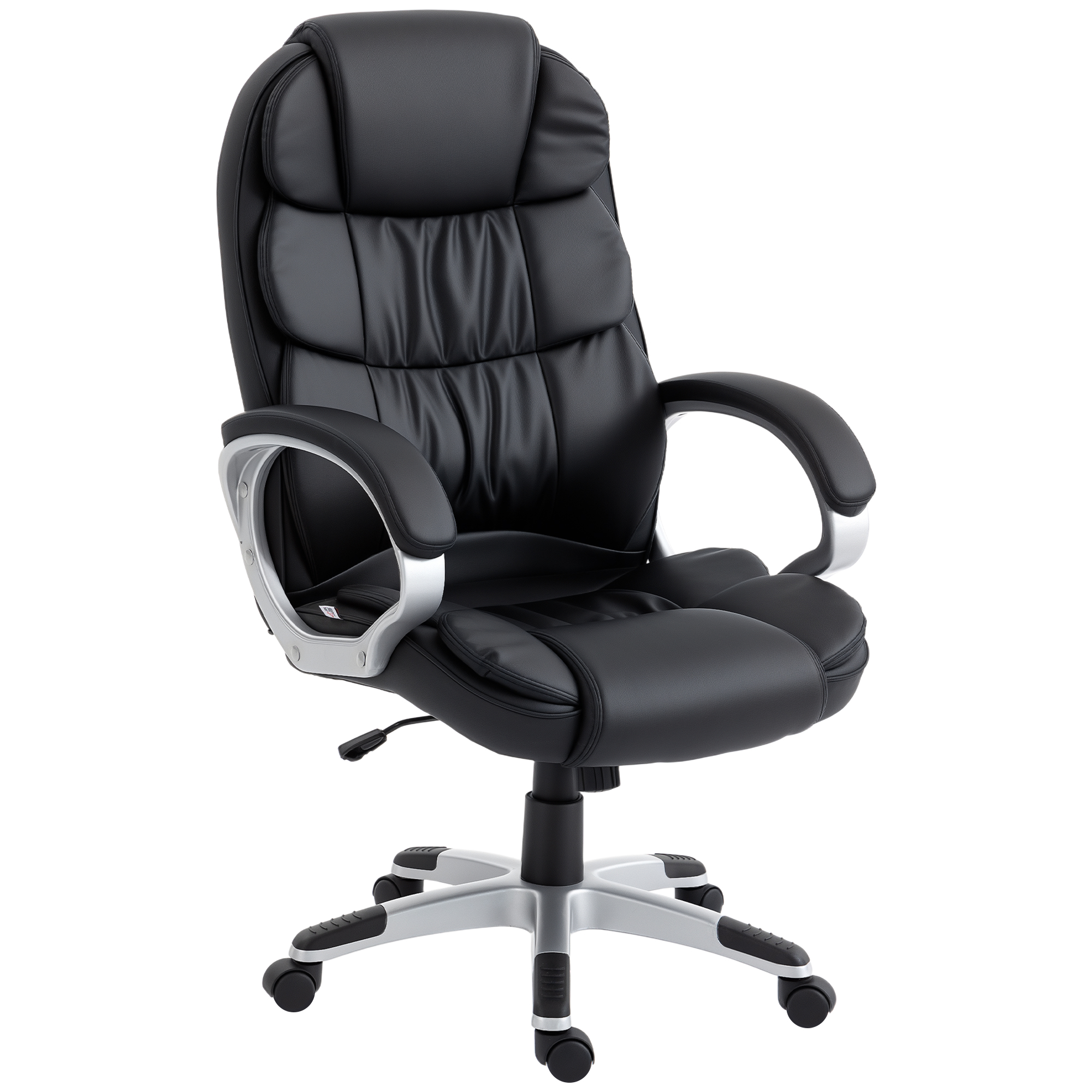 Una sedia da ufficio in pelle nera con braccioli argentati e base con ruote a cinque razze su sfondo bianco.
