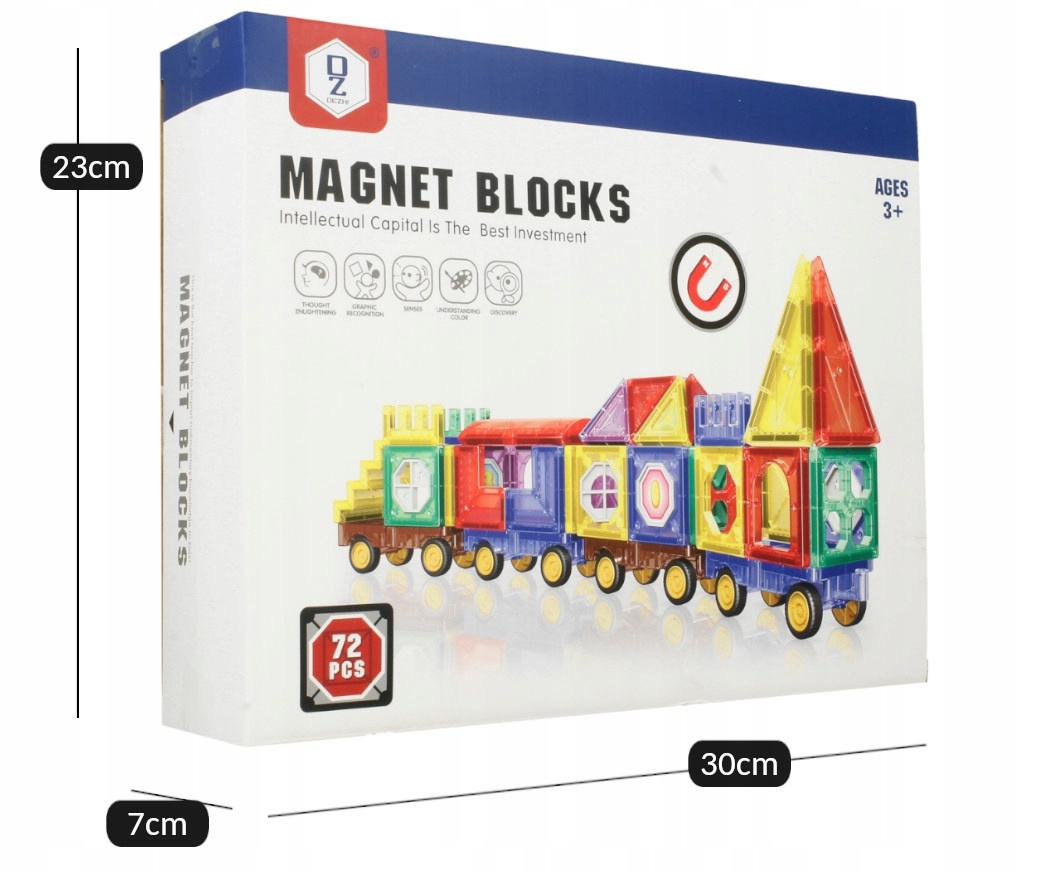 Pudełko 72 klocków magnetycznych, o wymiarach 30x23x7 cm, przedstawiające kolorową magnetyczną zabawkę w kształcie pociągu.