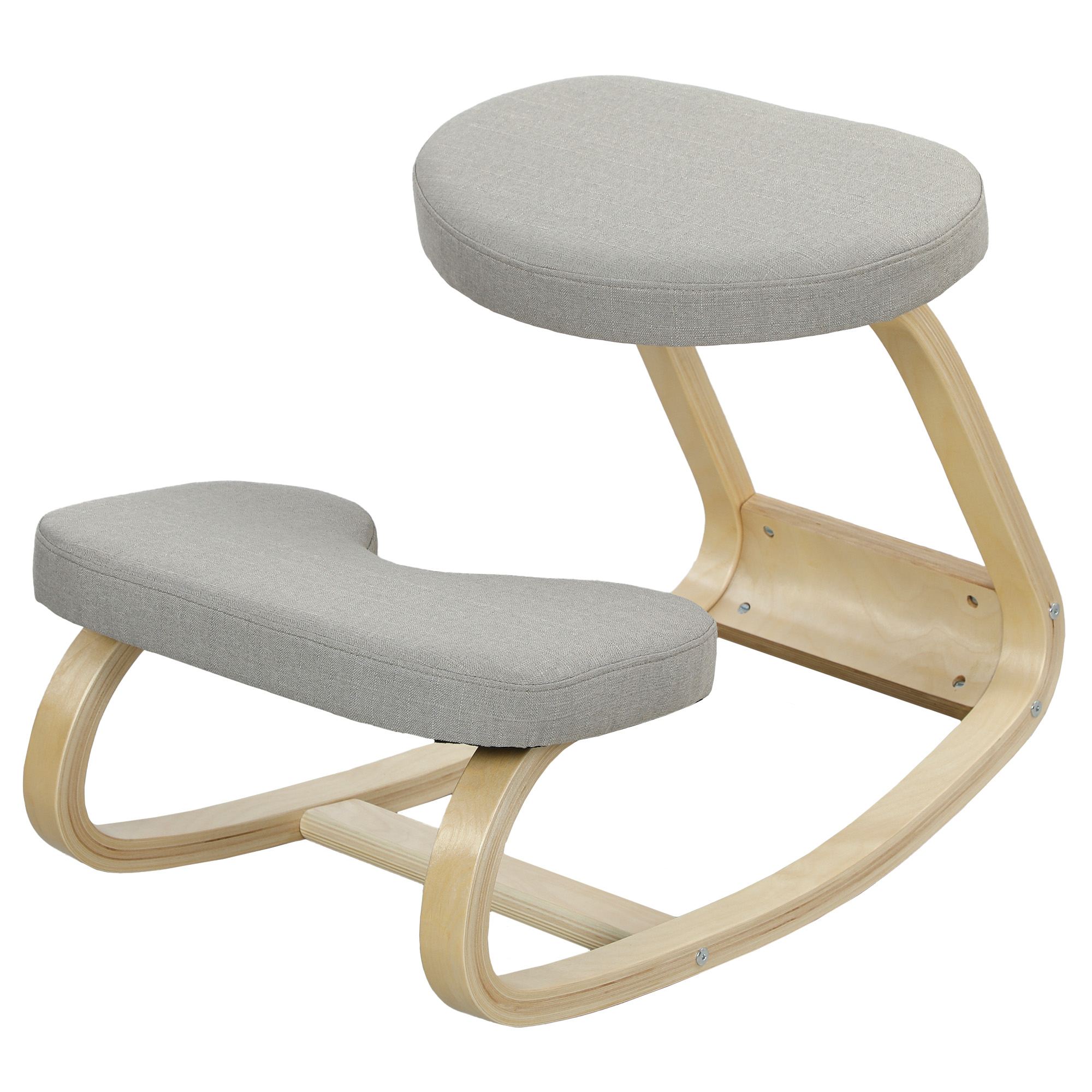 Una sedia ergonomica per ginocchia con struttura in legno chiaro e cuscini in tessuto grigio su sfondo bianco.