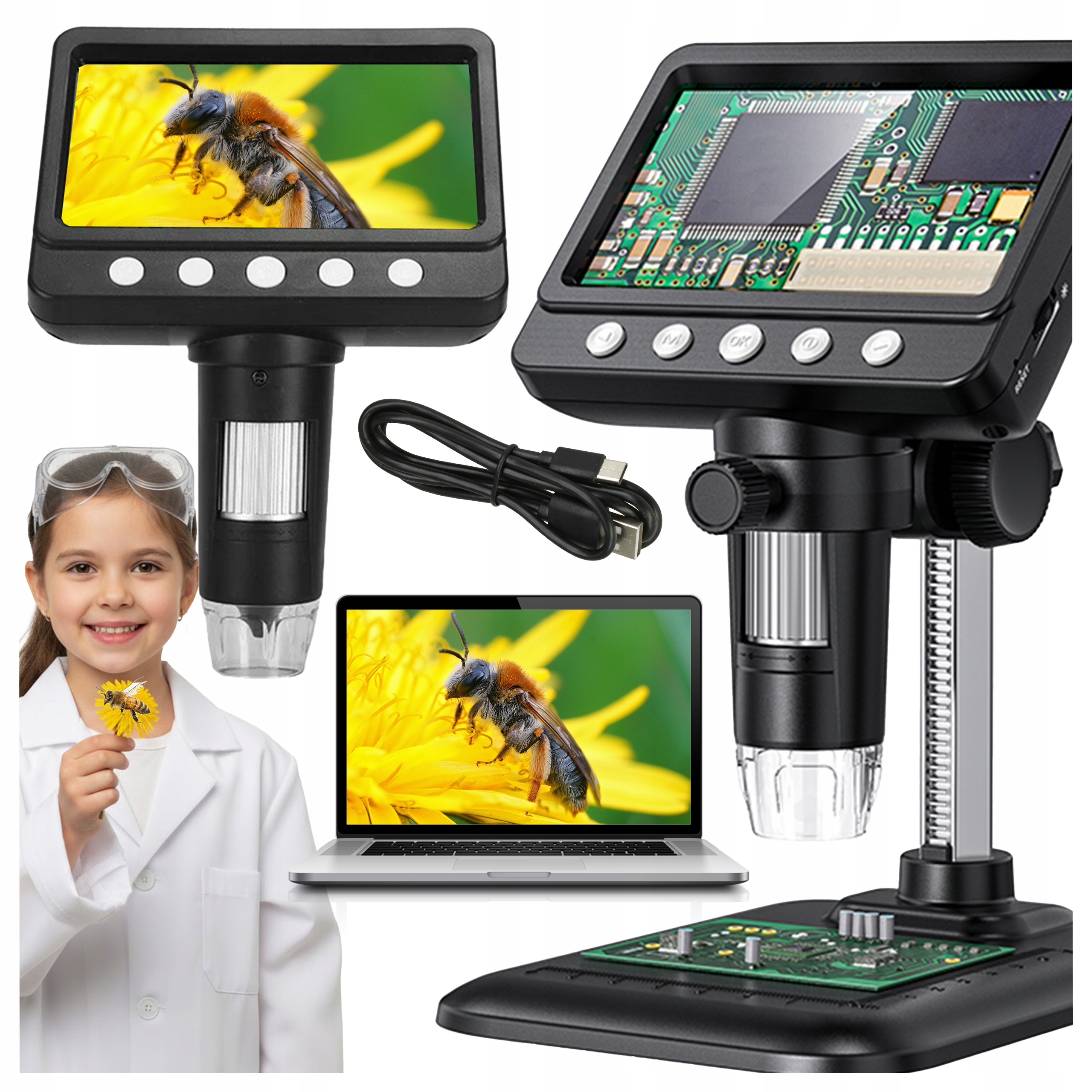 Cyfrowe mikroskopy z ekranami, kabel USB, laptop oraz dziewczynka w fartuchu laboratoryjnym z kwiatkiem.