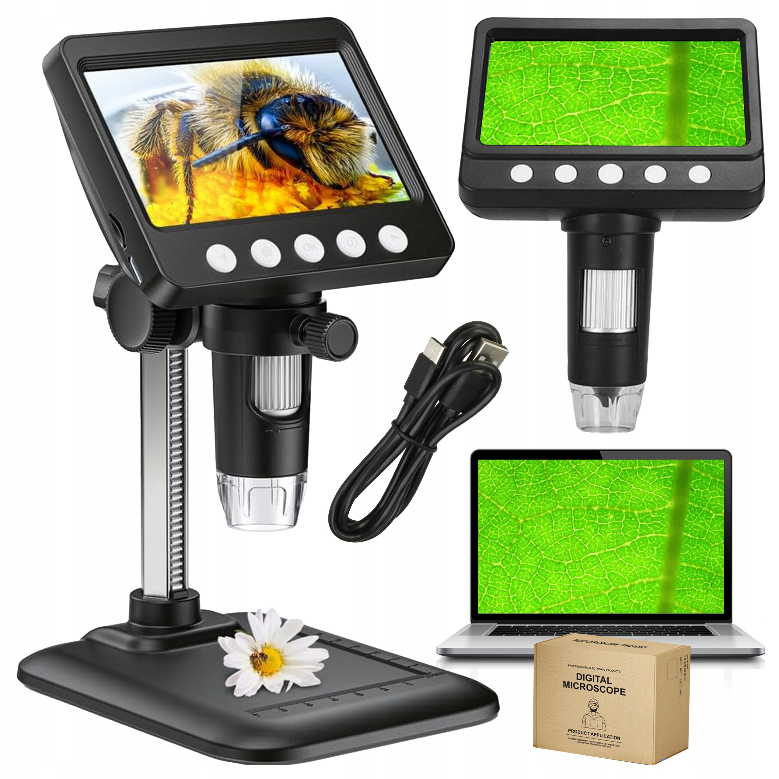 Mikroskop cyfrowy ze stojakiem, ekranem, kablem USB, laptopem i pudełkiem.