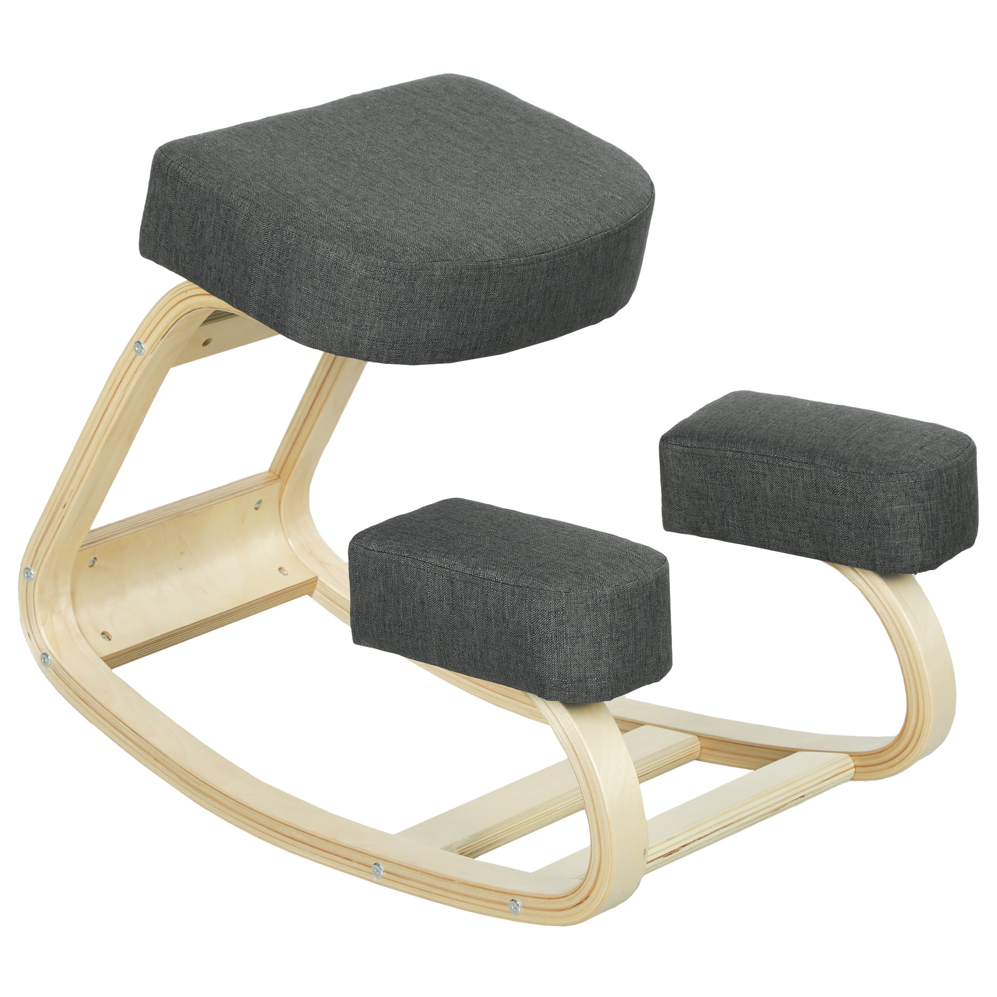 Sedia ergonomica in legno chiaro con cuscini grigi.