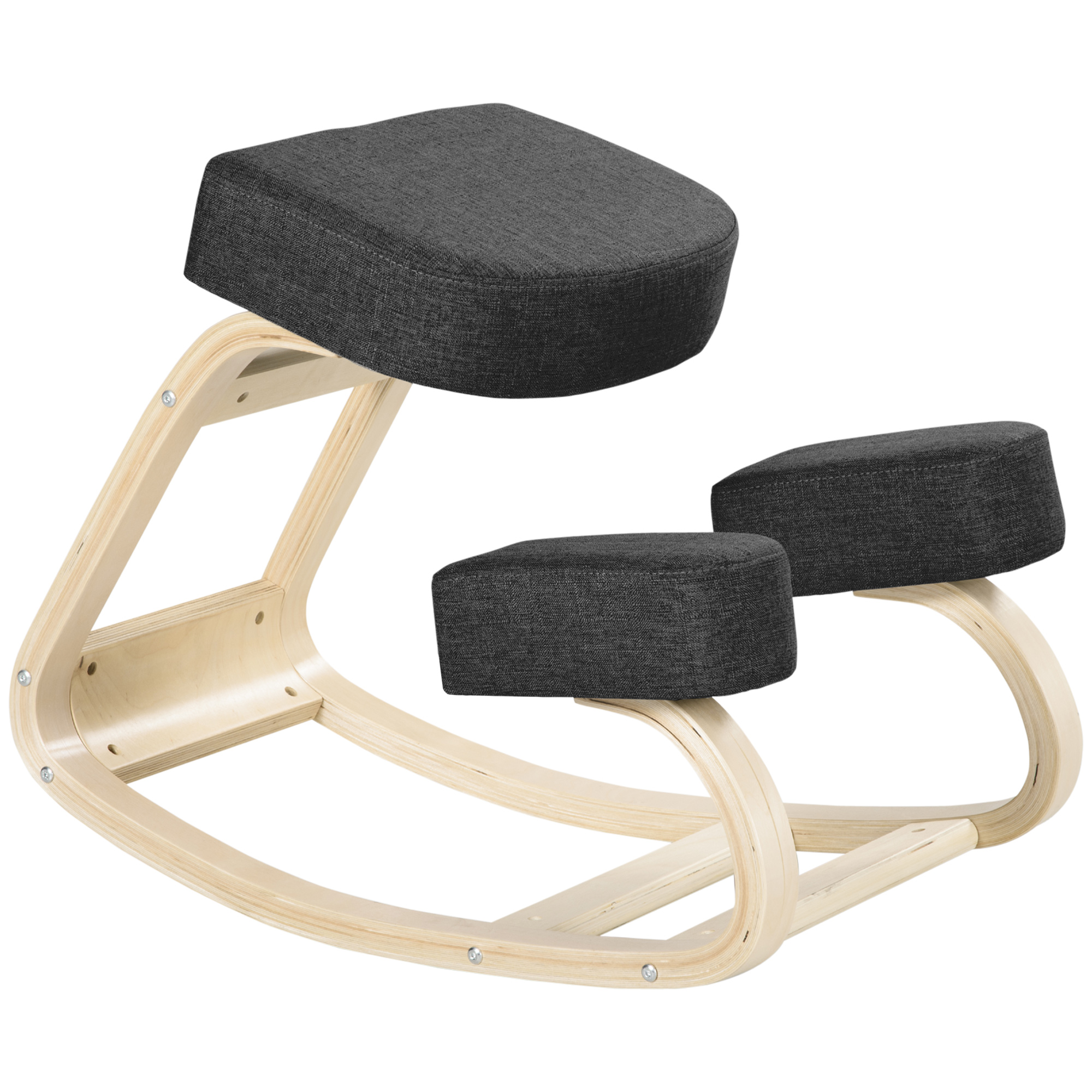 Sedia ergonomica per ginocchia con struttura in legno chiaro e cuscini in tessuto grigio scuro, su sfondo bianco.