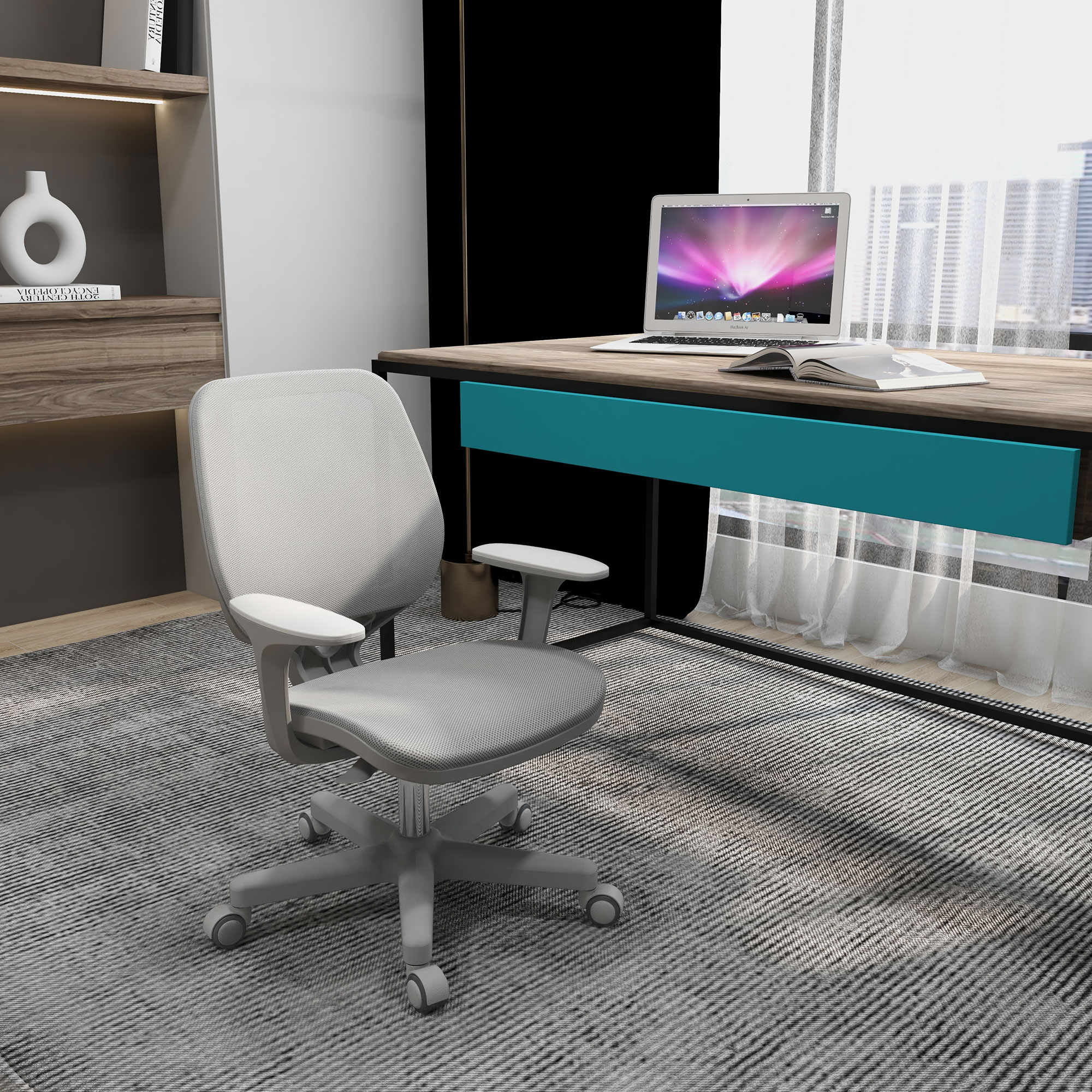 Moderno ufficio domestico con sedia bianca, scrivania in legno con laptop e libro aperto su tappeto grigio.