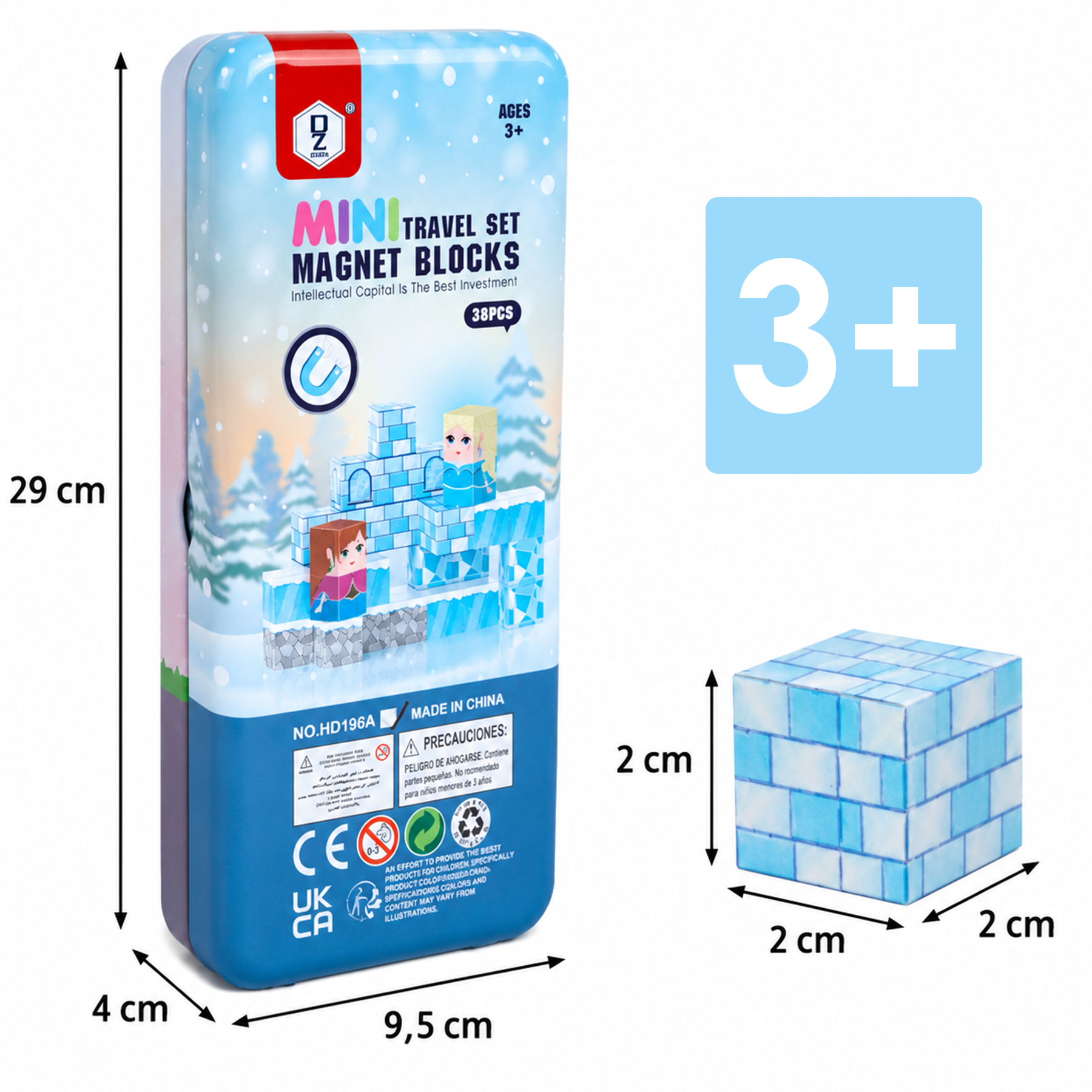 Niebieskie metalowe pudełko z klockami magnetycznymi dla dzieci 3+, o wymiarach 29x9,5x4 cm, z ilustracjami postaci i lodu.