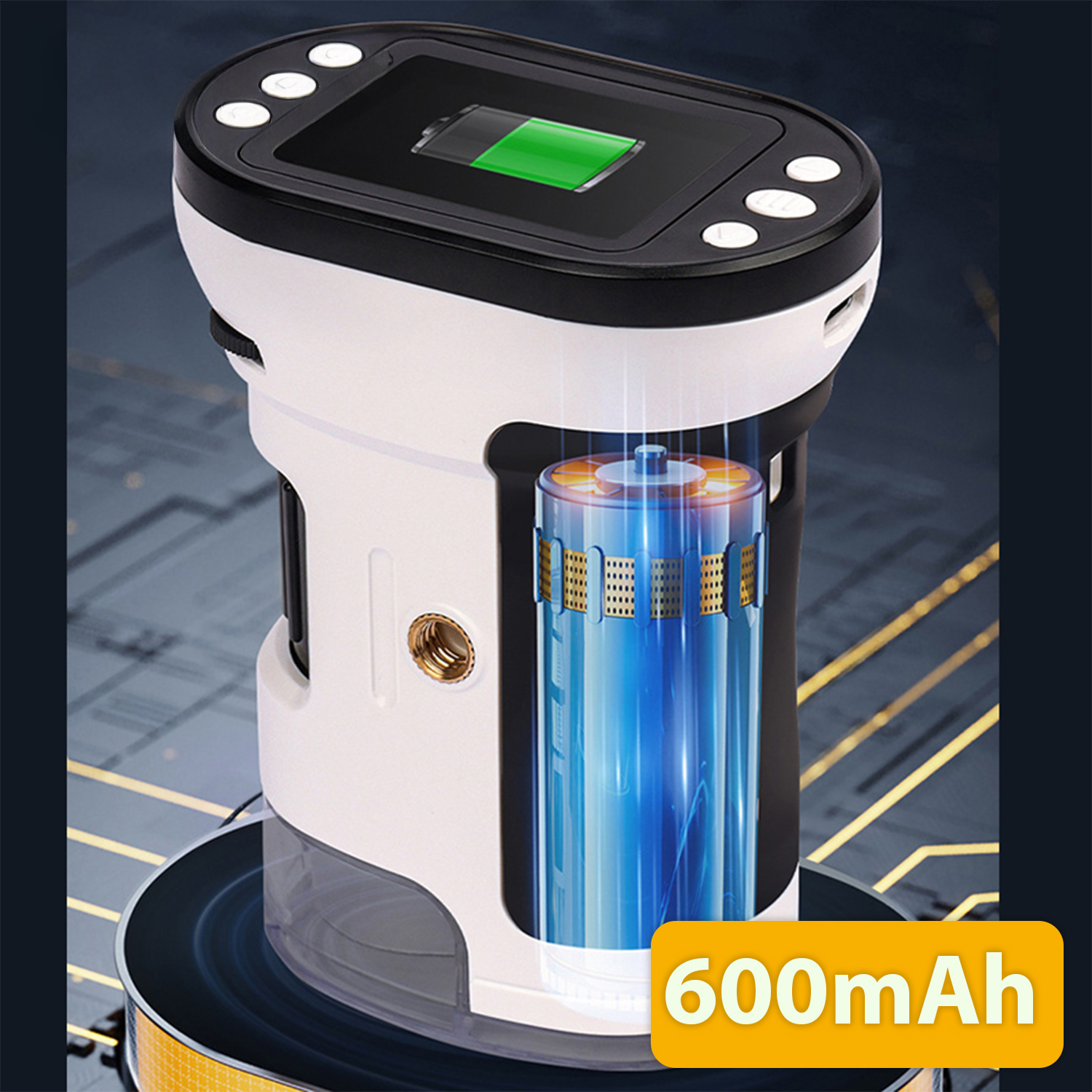 Biało-czarne urządzenie elektroniczne z wyświetlaczem i widoczną niebieską baterią, oznaczone 600mAh.