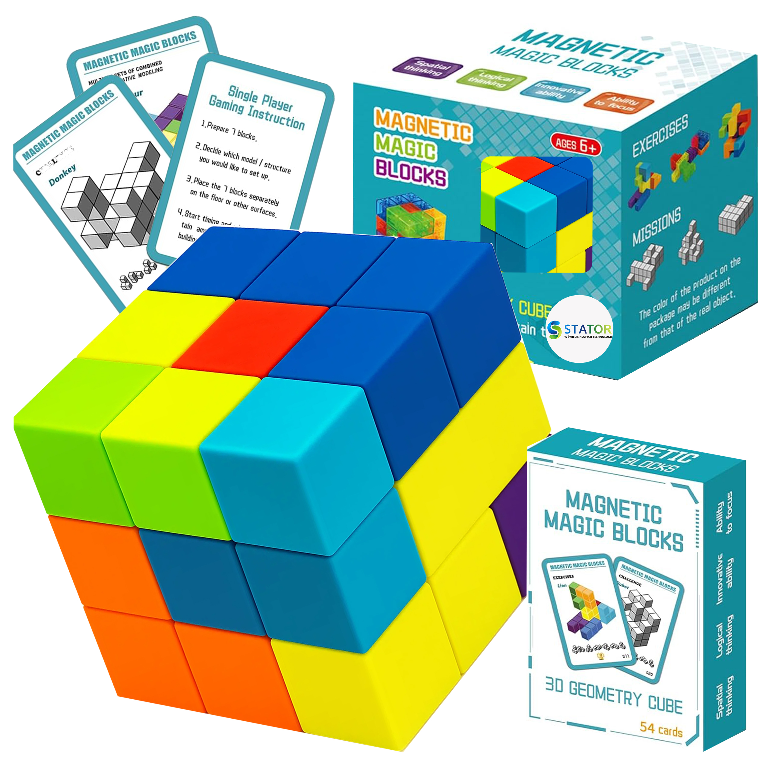 Kolorowe magnetyczne puzzle z kostką geometryczną 3D z instrukcją i pudełkiem.