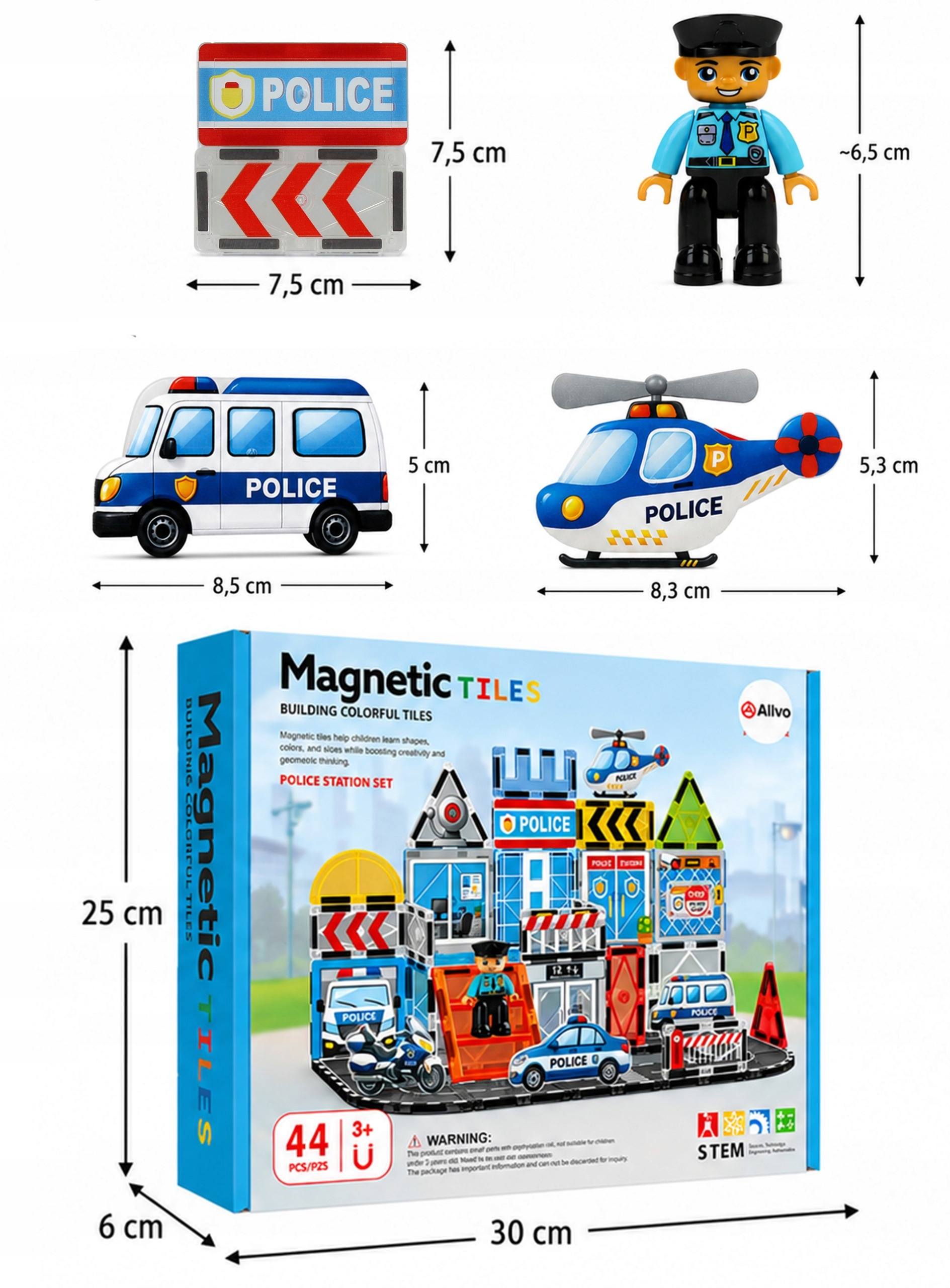 Magnetyczny zestaw konstrukcyjny posterunku policji z pojazdami, figurką i wymiarami.
