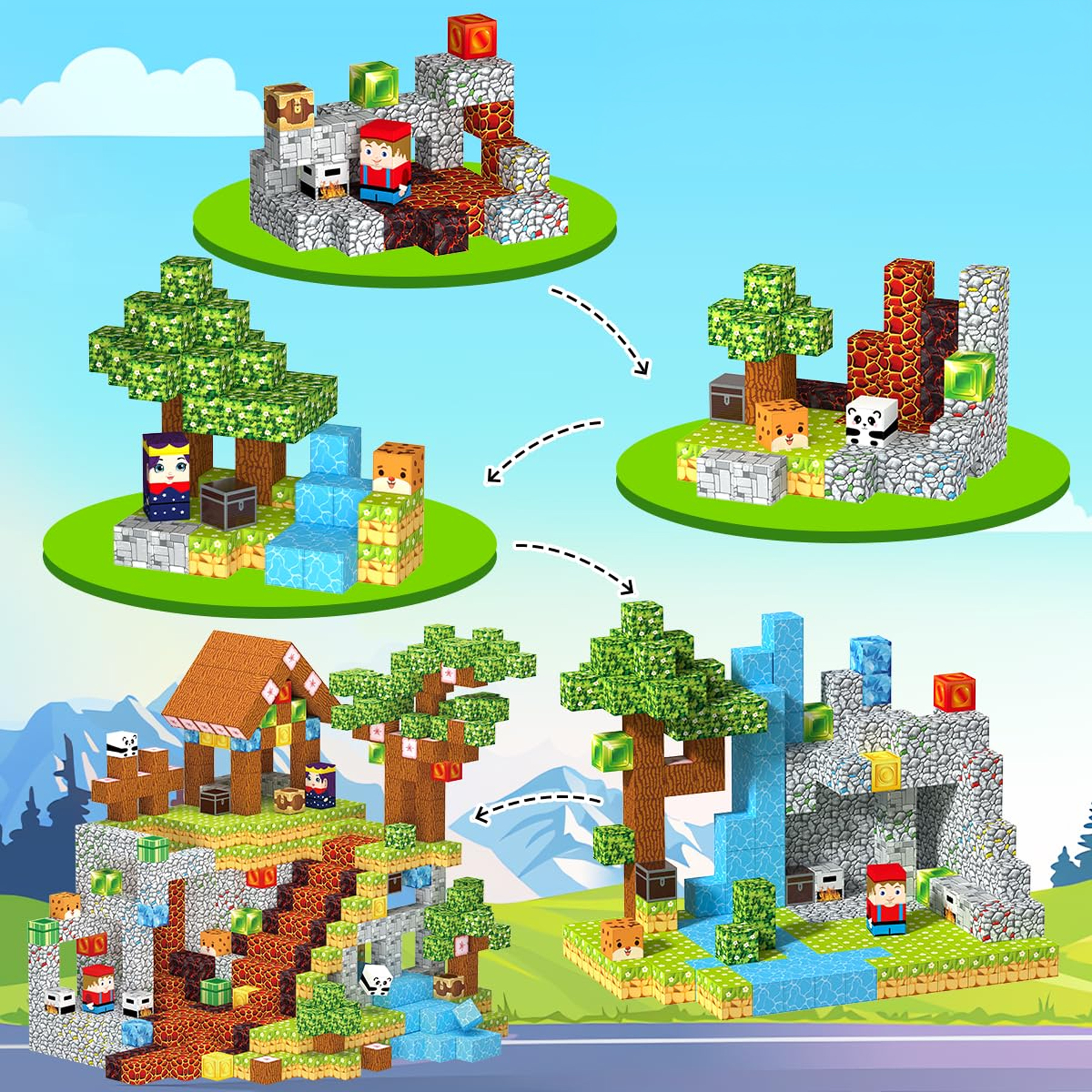 Zestawy klocków w stylu Minecraft przedstawiające różne sceny z postaciami i terenem.