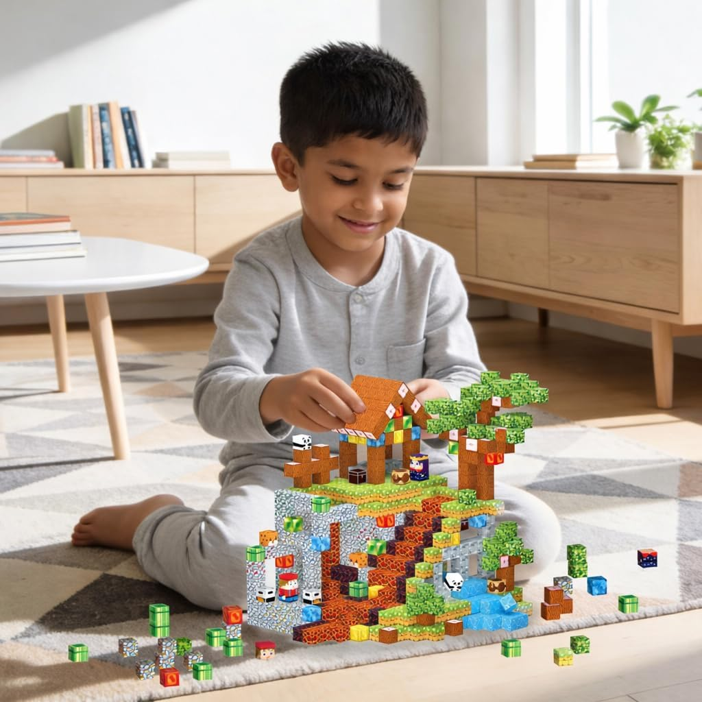 Chłopiec siedzi na dywanie, budując złożoną strukturę z kolorowych klocków konstrukcyjnych w stylu Minecraft.