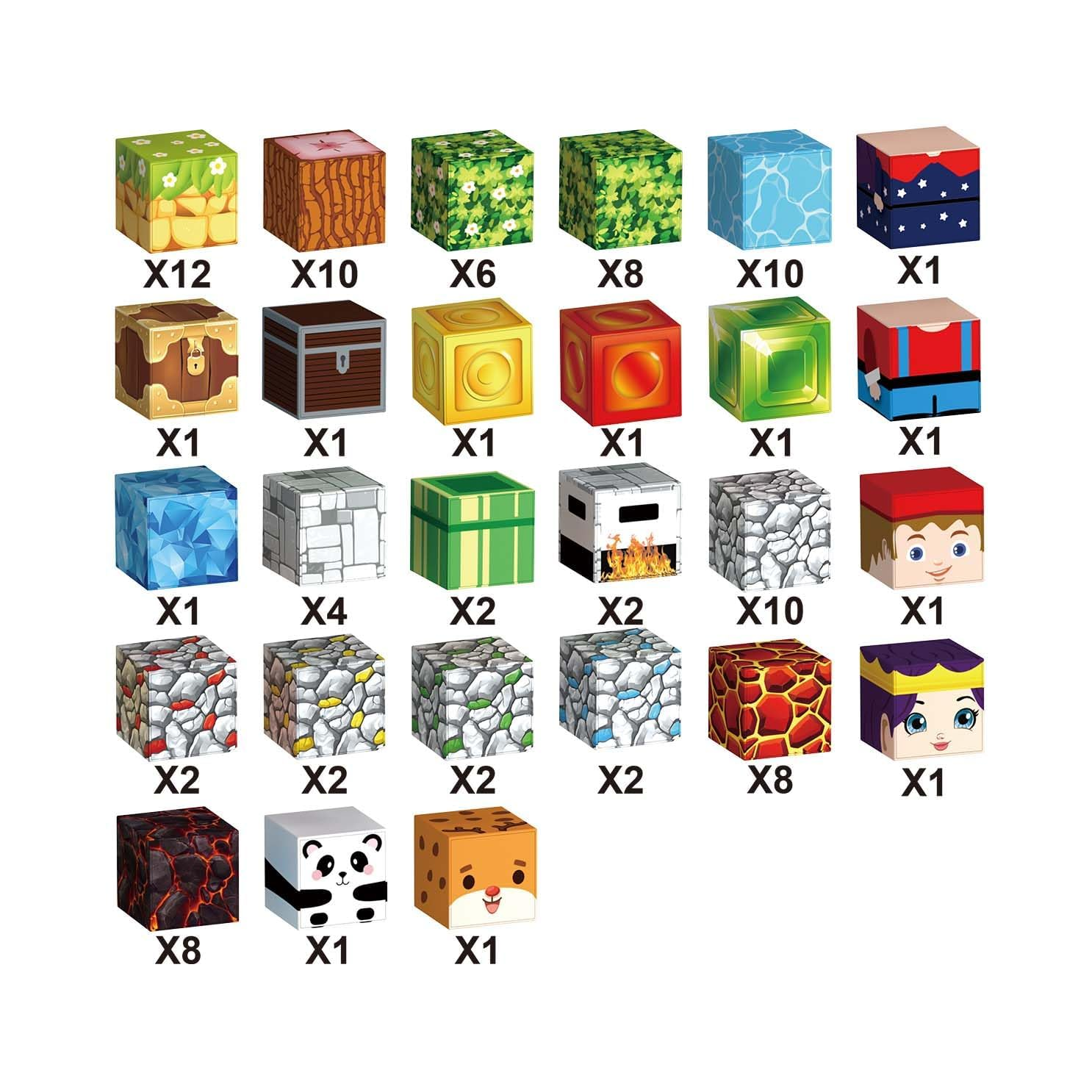 Różne kolorowe papierowe modele bloków Minecraft z oznaczeniami ilości pod spodem na białym tle.