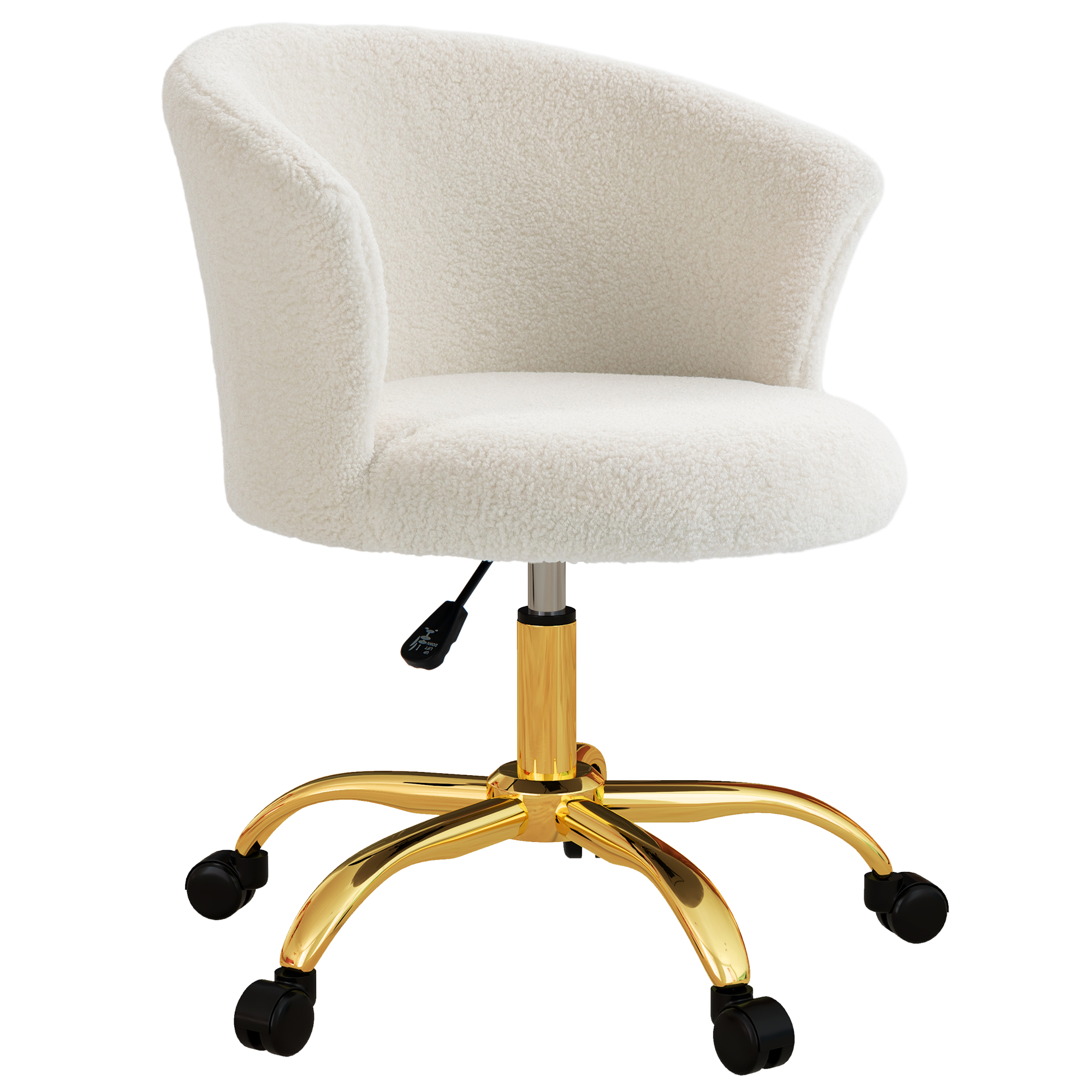 Una sedia da ufficio in peluche bianca con base dorata e rotelle su sfondo bianco.