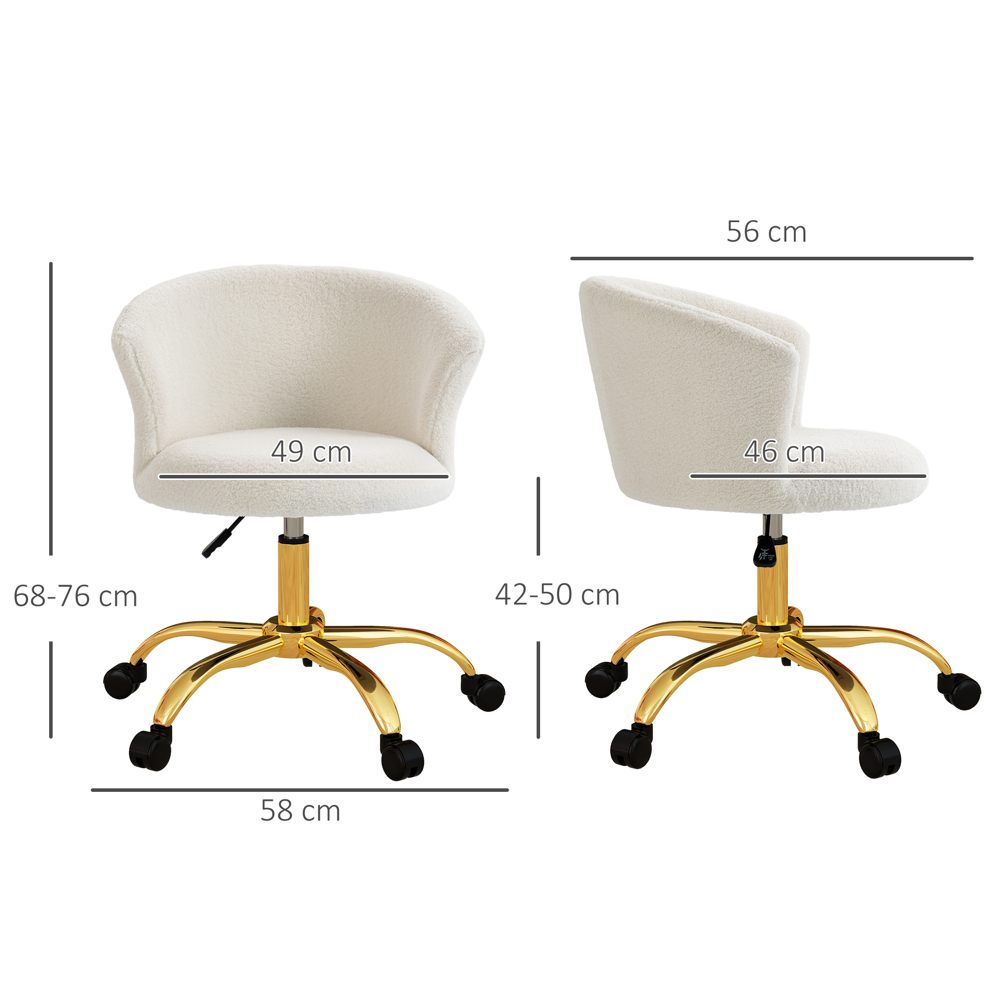 Sedia girevole bianca e soffice con gambe dorate e ruote nere, mostrata con dimensioni.