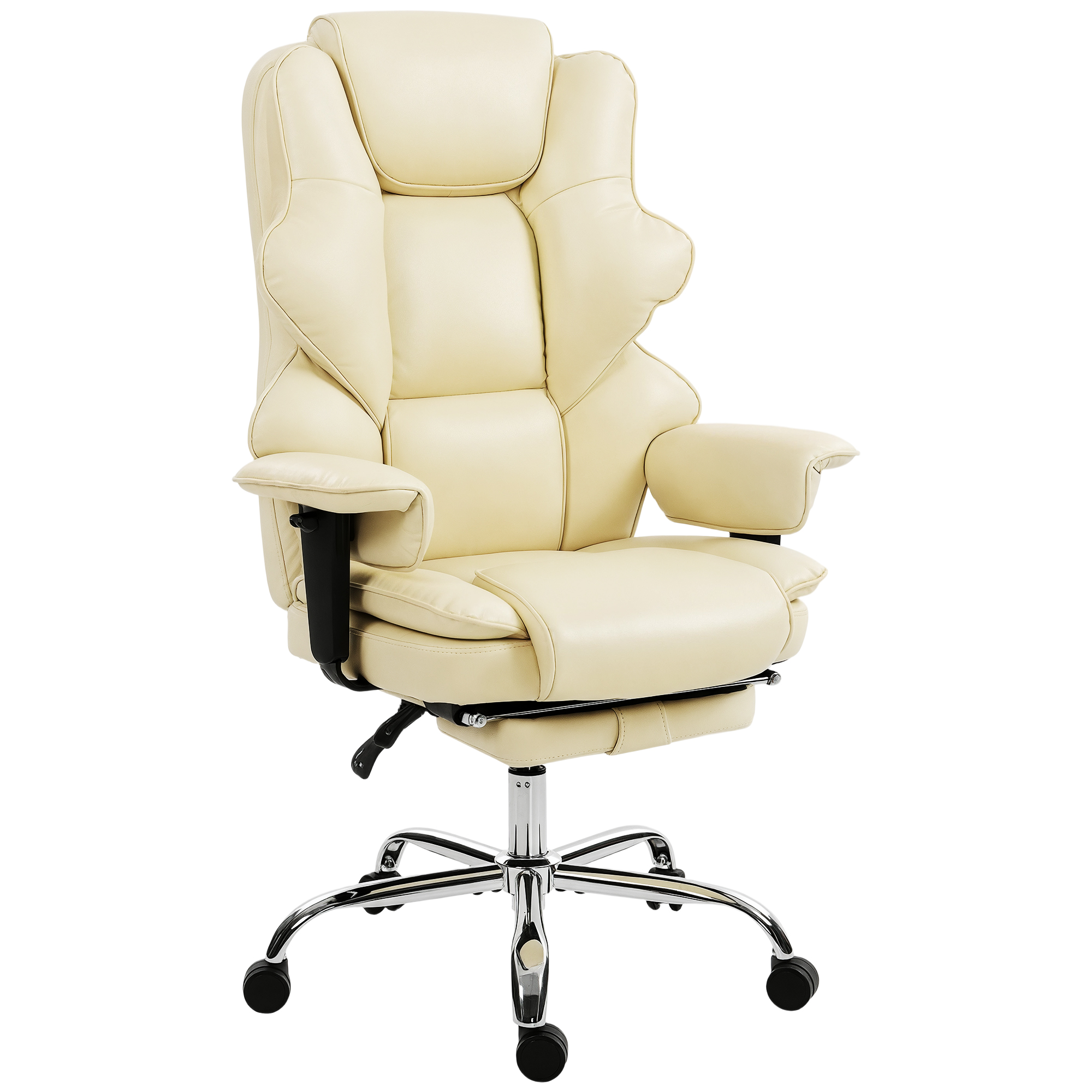 Sedia da ufficio direzionale in pelle beige con schienale alto e base cromata con ruote su sfondo bianco.