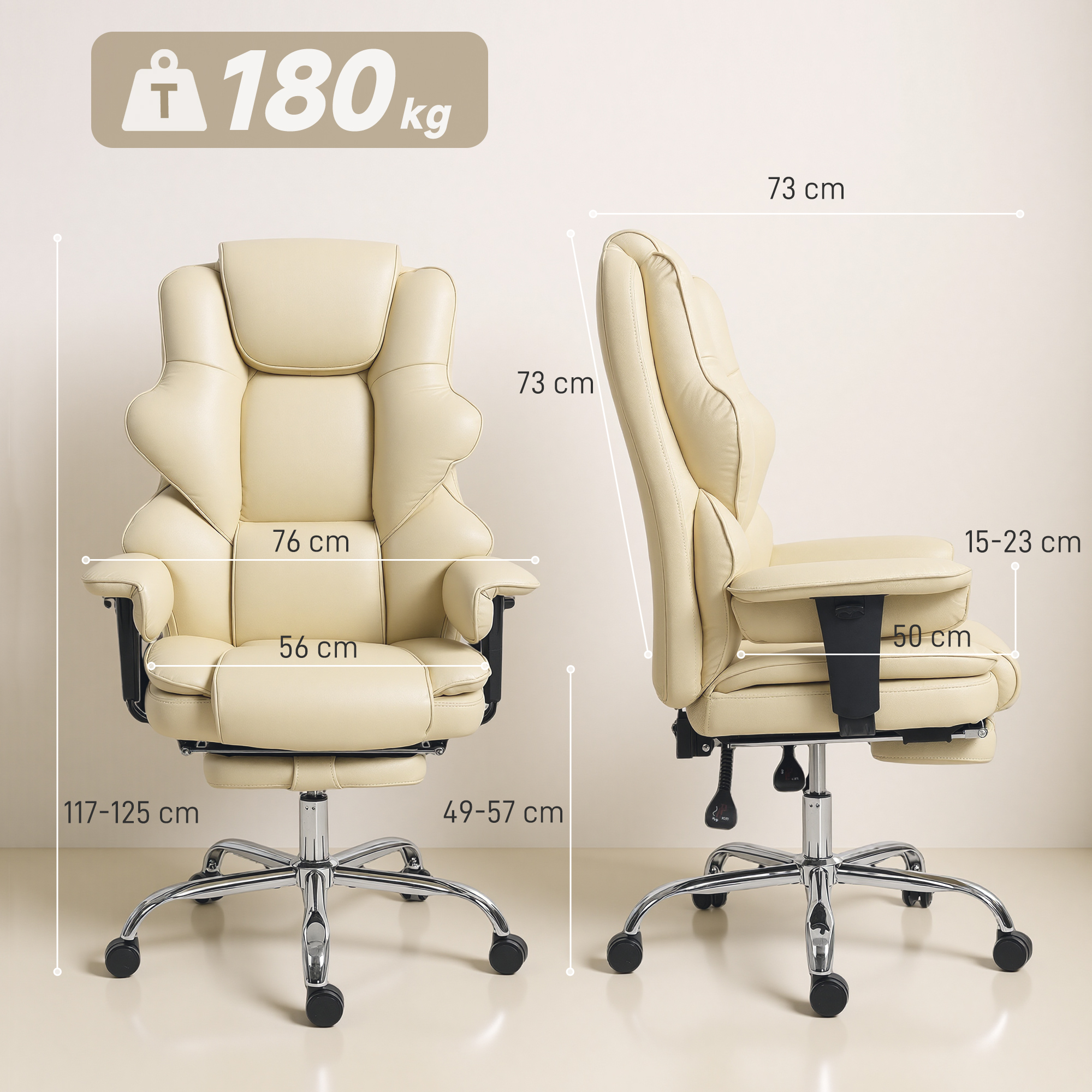 Sedia da ufficio ergonomica beige di fronte e di lato con quote e portata massima.