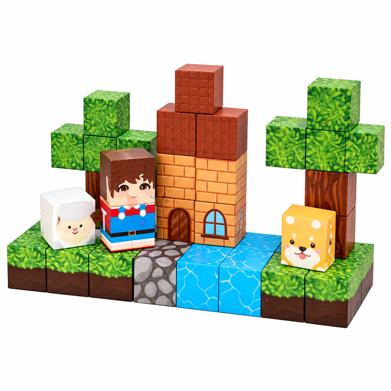 Świat klocków w stylu Minecraft z figurkami, drzewami, domkiem, rzeką i zwierzętami na białym tle.