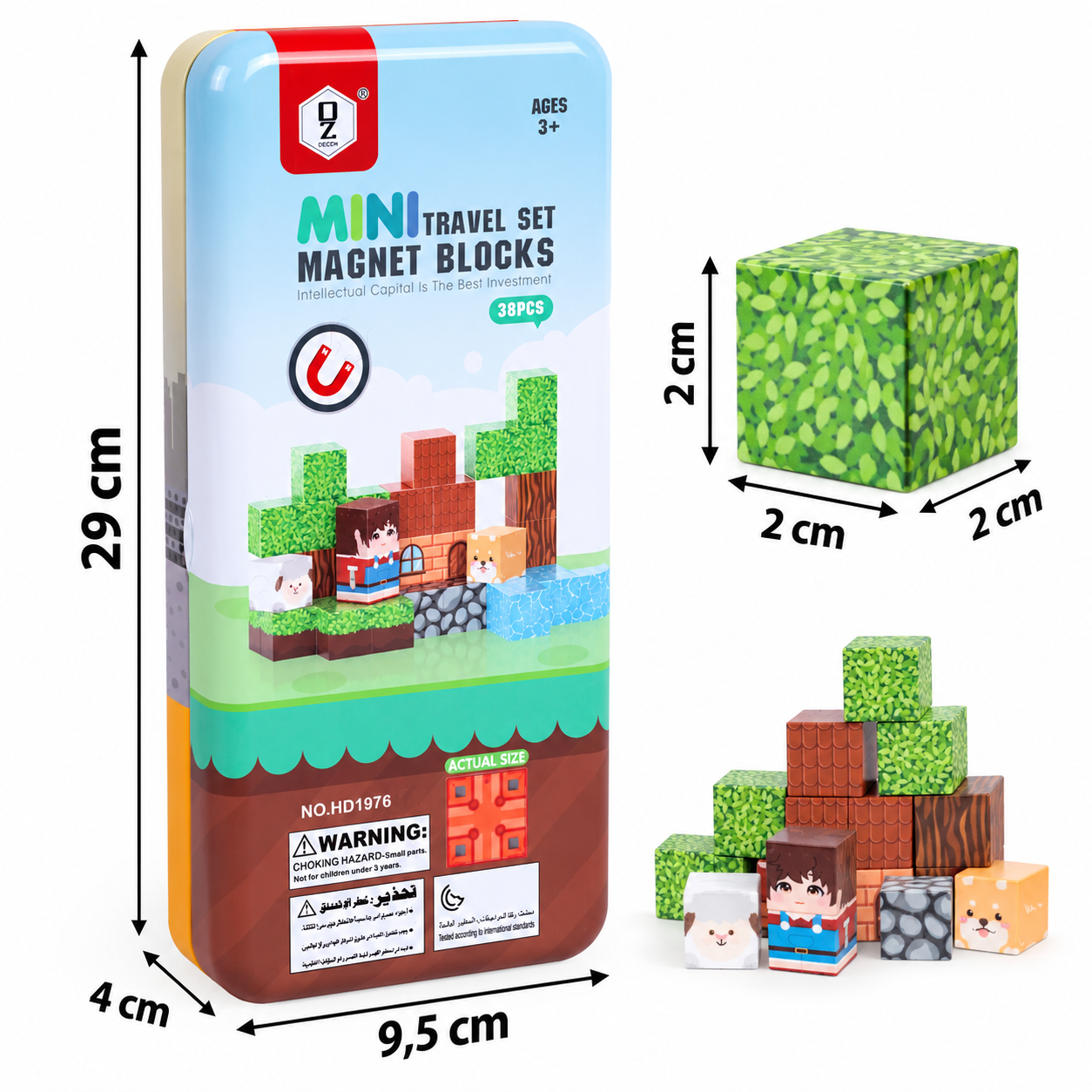 Mini zestaw podróżny z klockami magnetycznymi o wymiarach 29x9,5x4 cm i pojedynczymi klockami 2 cm.