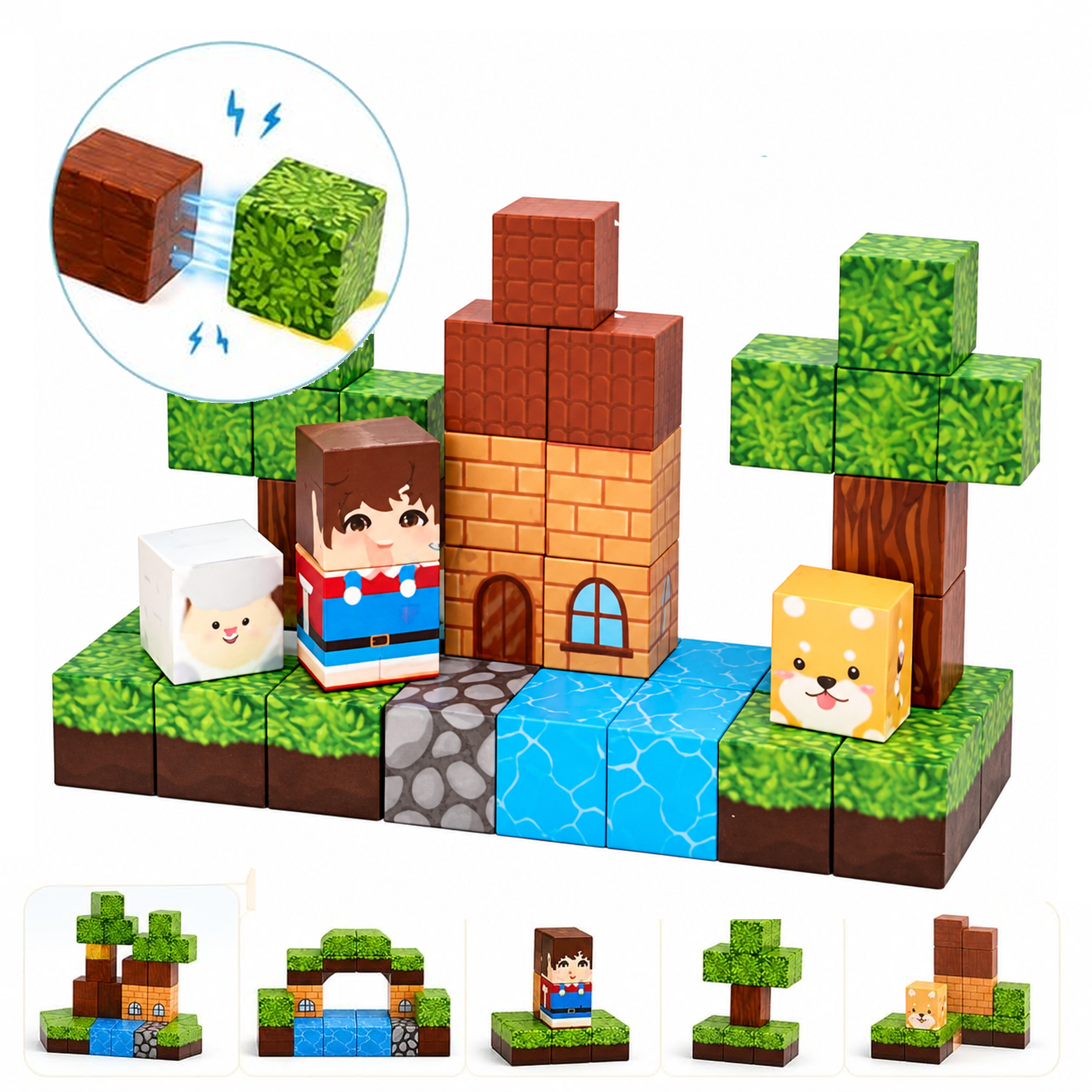 Magnetyczne klocki w stylu Minecraft przedstawiające scenę z postacią, domem i zwierzętami.