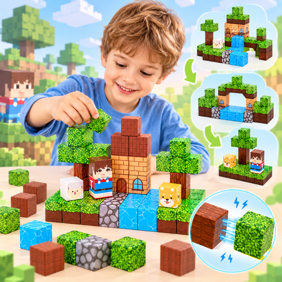 Chłopiec buduje z magnetycznych klocków Minecraft na stole z grafiką cyfrową w tle.