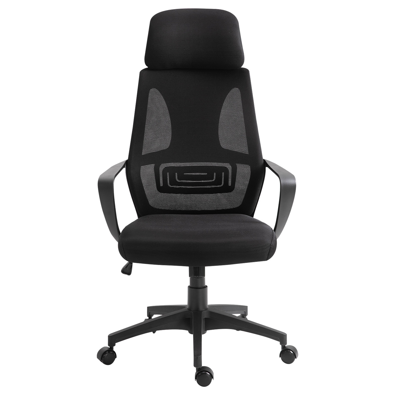 Una sedia da ufficio ergonomica nera con braccioli, poggiatesta, schienale in rete e base con ruote.