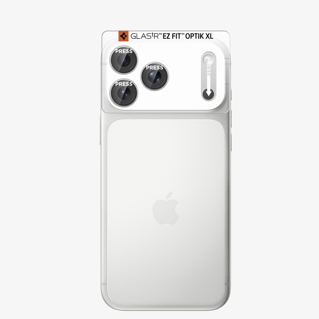 Tył białego iPhone'a z zestawem osłon obiektywu na trzech tylnych aparatach.