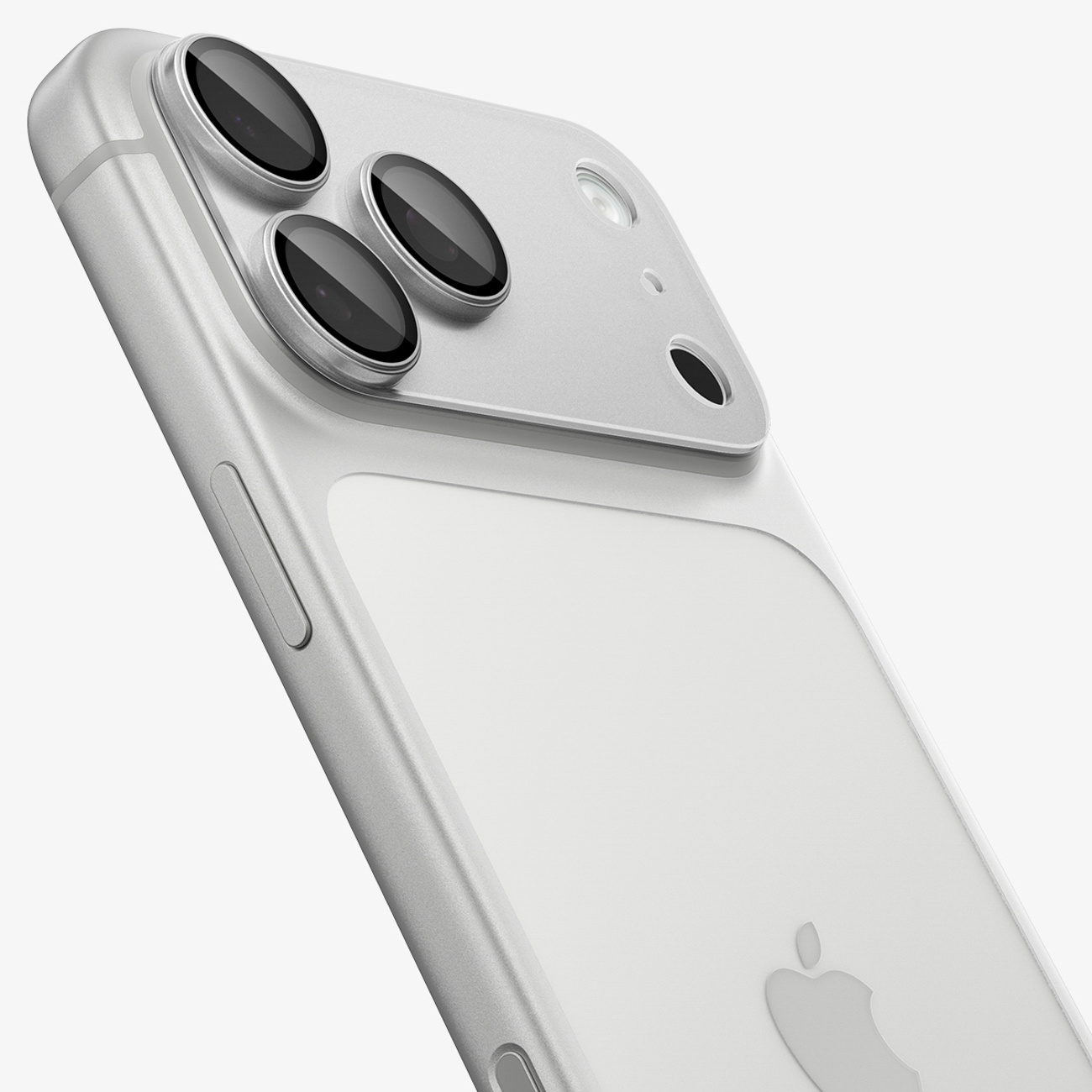Tył srebrnego smartfona z trzema obiektywami i logo Apple.
