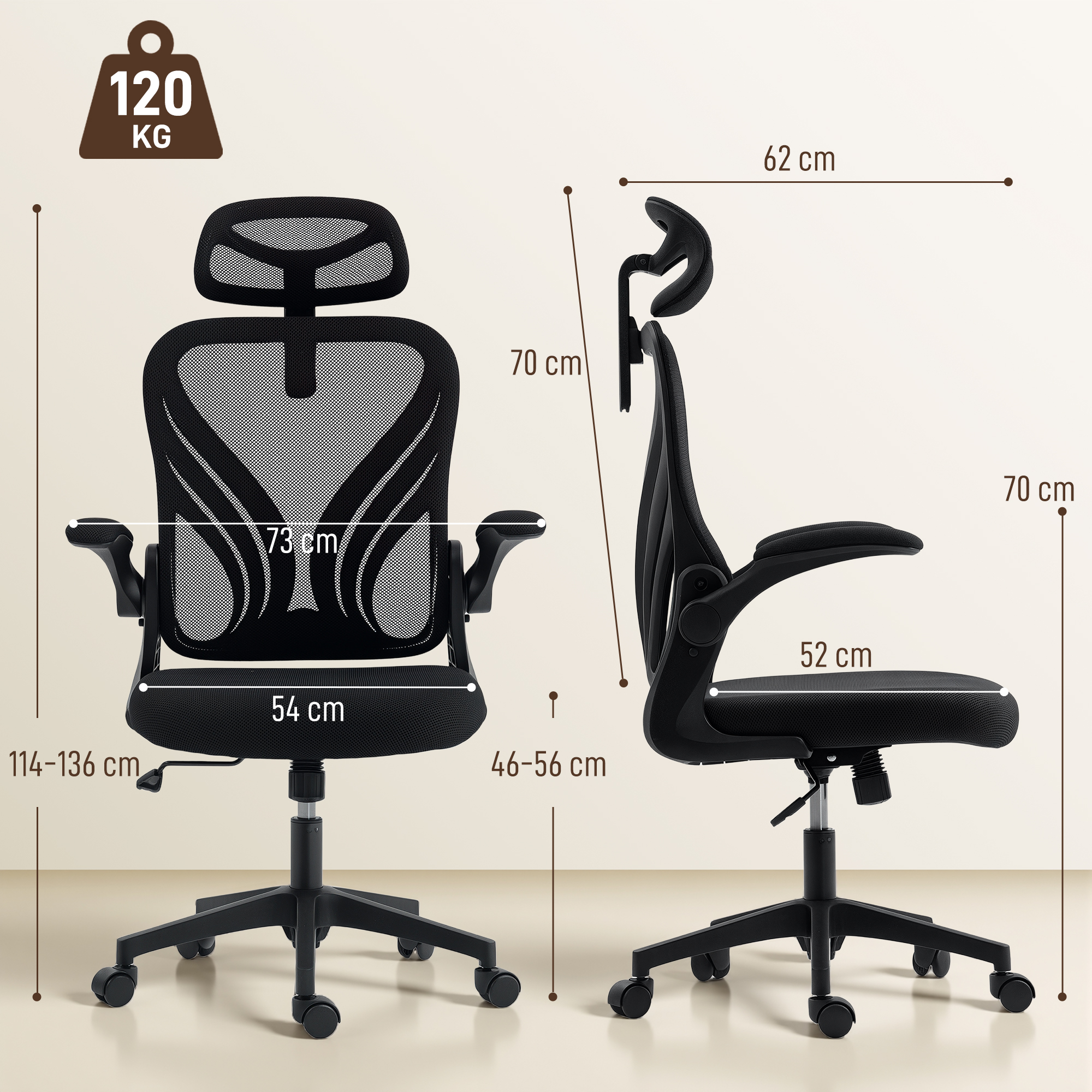 Diagramma che mostra le viste anteriore e laterale di una sedia da ufficio ergonomica nera con misure.