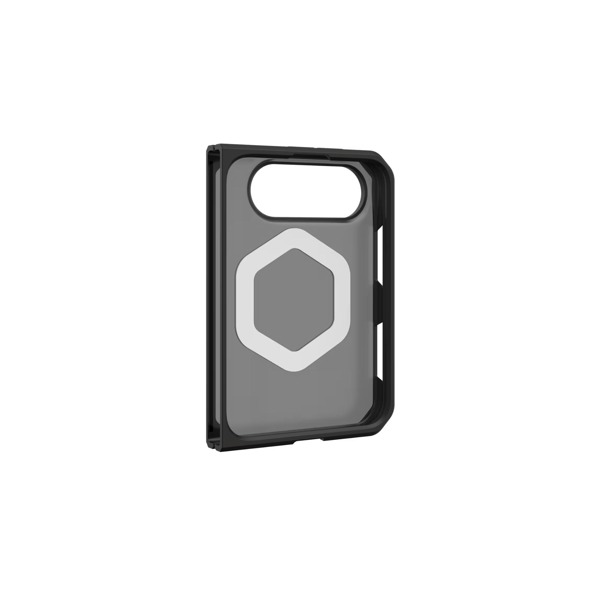 Eine schwarze Smartphone-Hülle mit einem grauen hexagonalen Magnetring und Kameraausschnitt.