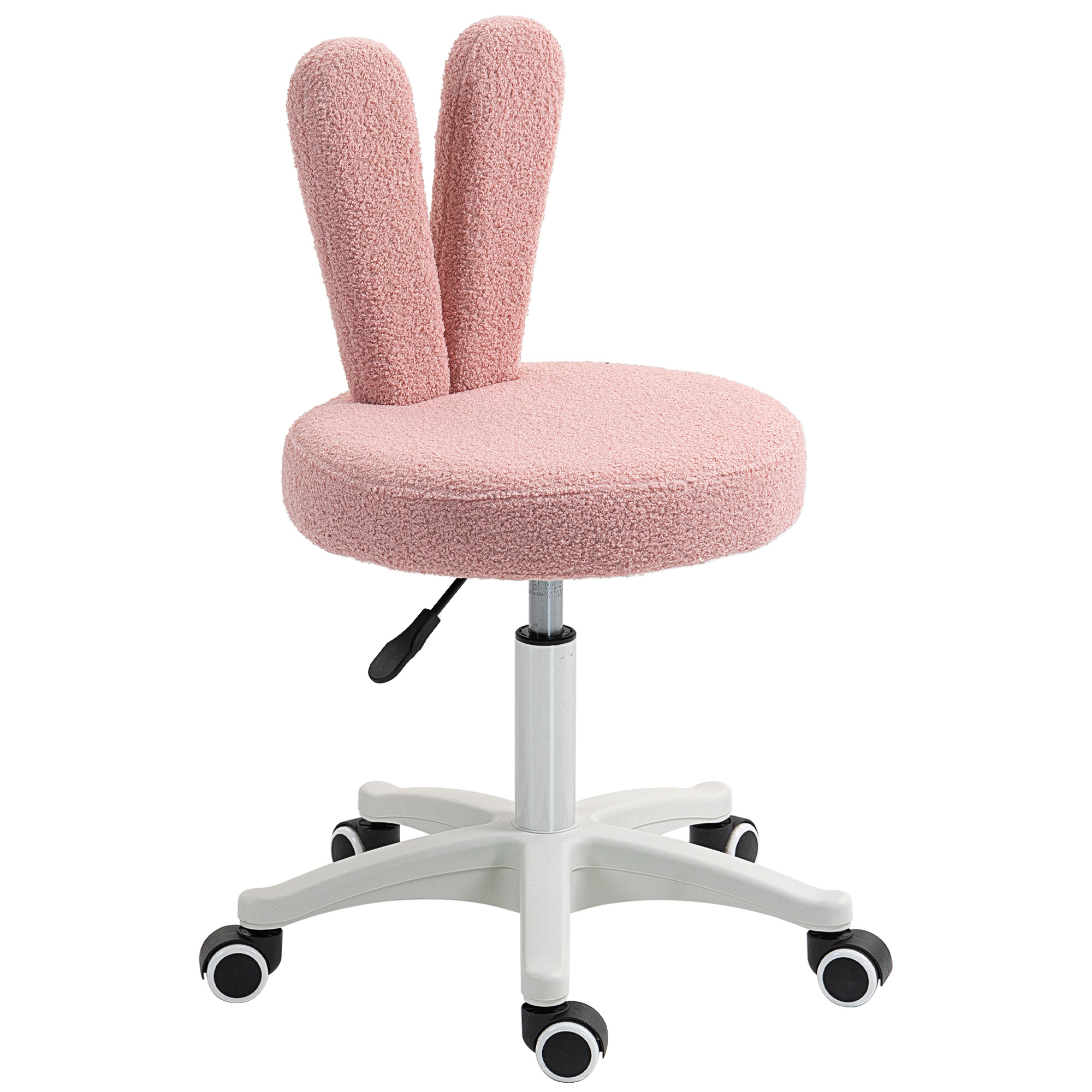 Sedia girevole in peluche rosa con schienale a orecchie di coniglio su base bianca con ruote.
