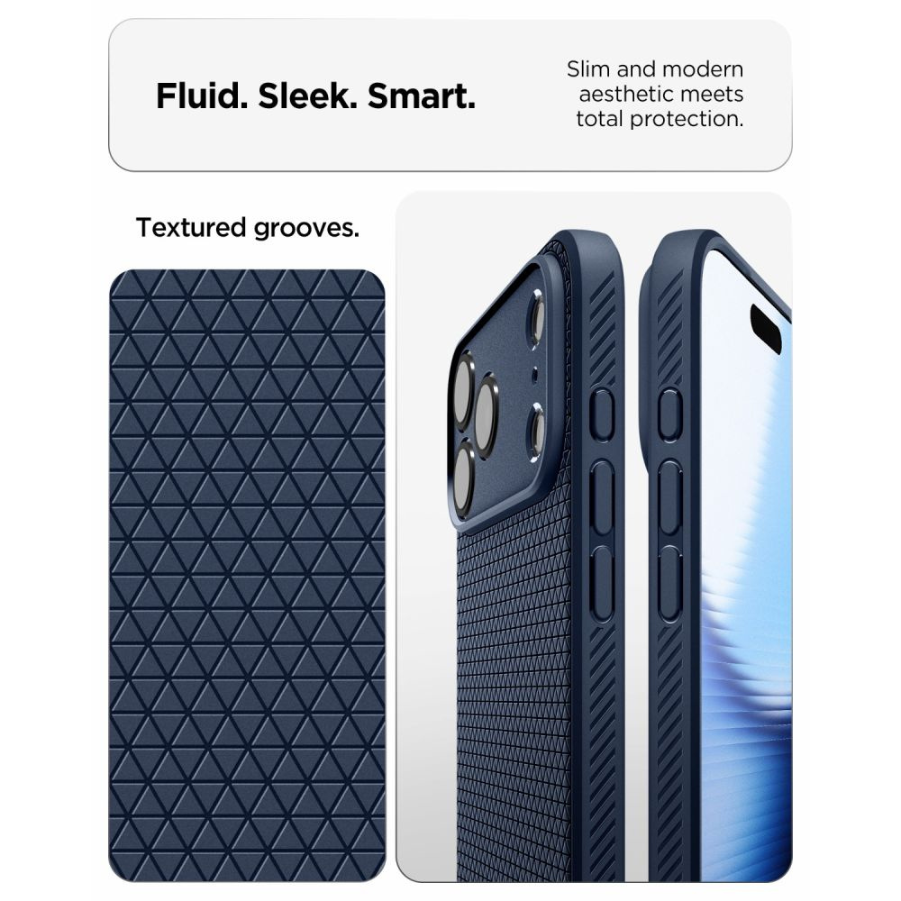 Niebieskie etui na smartfon z trójkątnym teksturowanym wzorem i przyciskami.