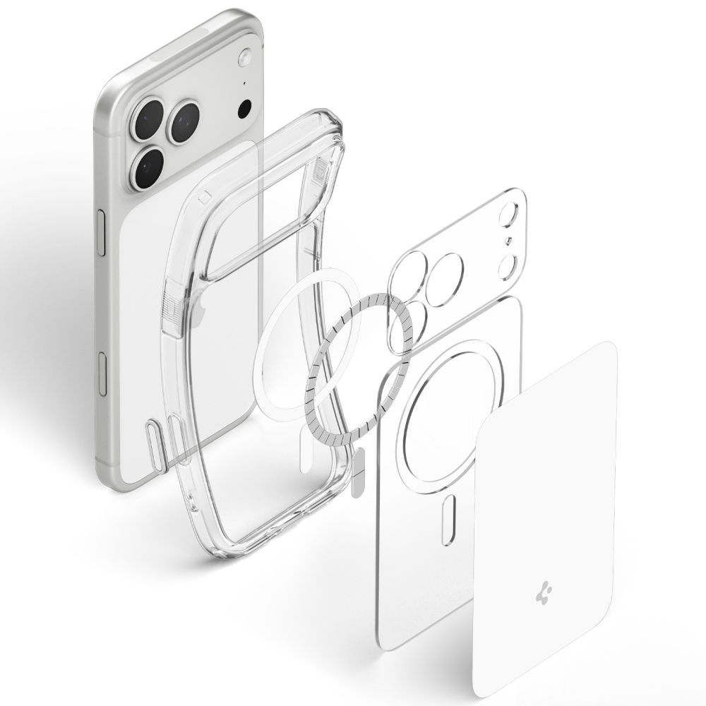 Rzut rozstrzelony przezroczystego etui na telefon z pierścieniem MagSafe i smartfonem na białym tle.