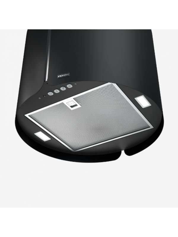 Beyaz arkaplanda metal filtreli, dokunmatik kontrollü ve LED ışıklı siyah davlumbazın alt görünümü.