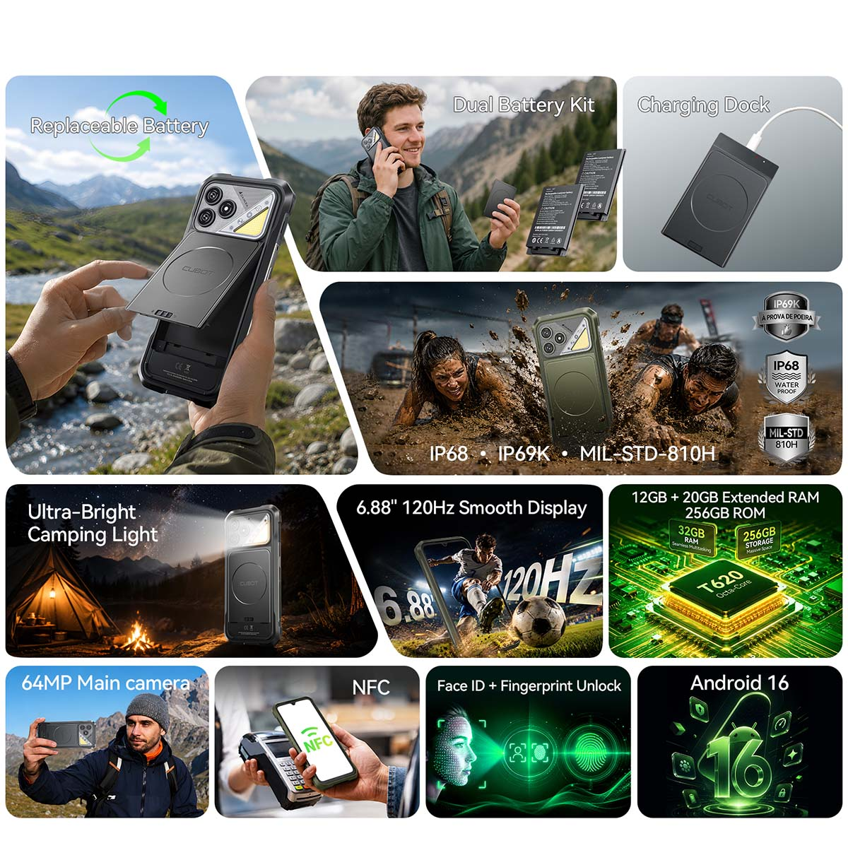 Varias escenas muestran un smartphone resistente con batería intercambiable, cámara, luz de camping y protección IP68.