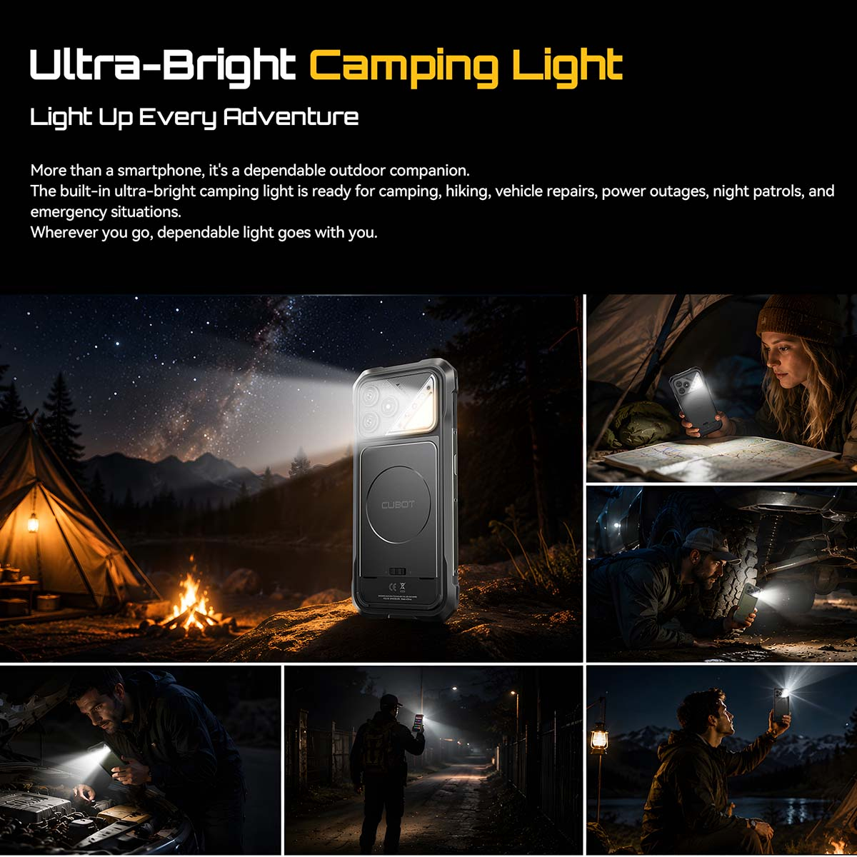 Smartphone resistente con luz de camping ultrabrillante integrada, mostrado en varios escenarios al aire libre.