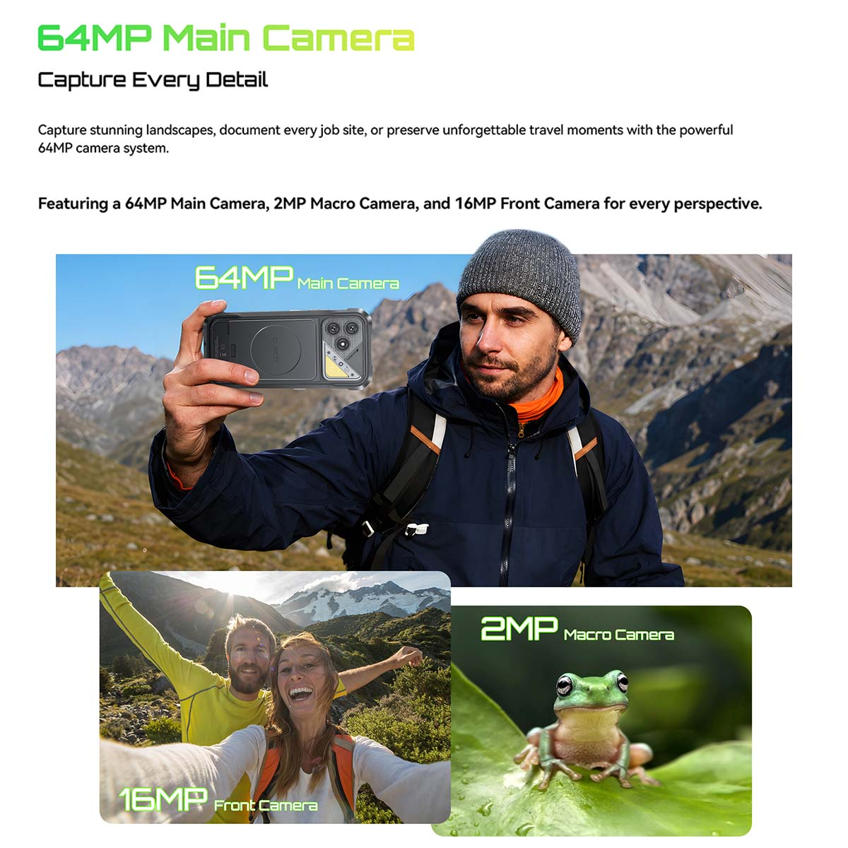 Una imagen promocional de smartphone destaca un sistema de cámara de 64MP, selfies y una rana.