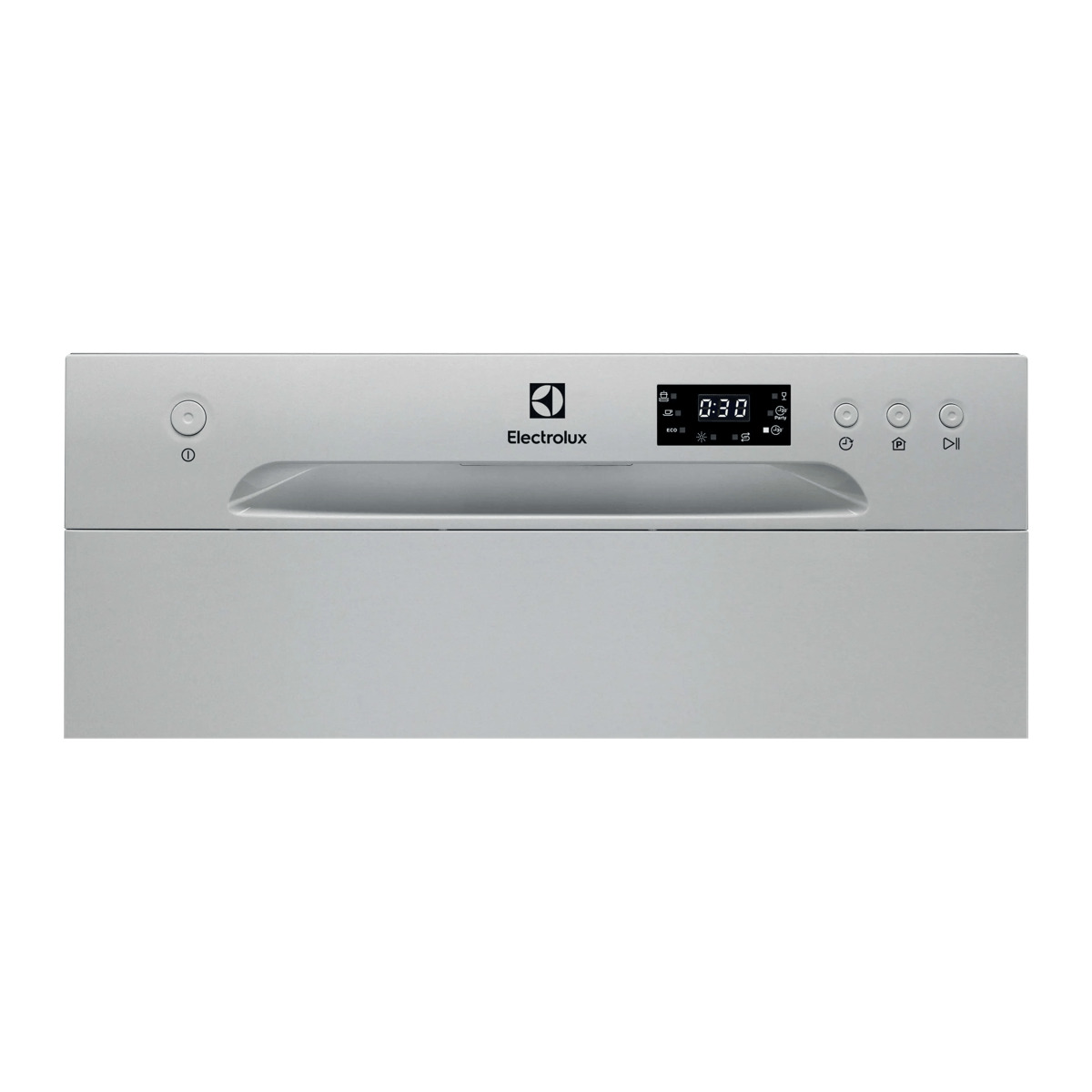 Silbernes Electrolux Geschirrspüler-Bedienfeld mit Tasten, Digitalanzeige und Griff vor weißem Hintergrund.