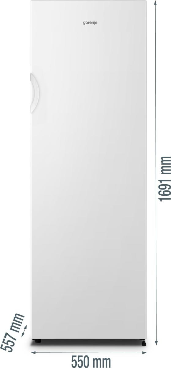 Weißer Gorenje-Gefrierschrank mit Maßangaben von 1691 mm Höhe, 550 mm Breite und 557 mm Tiefe.