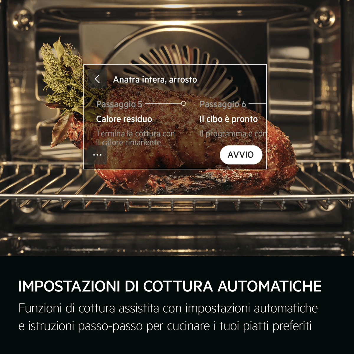 Pieczona kaczka w piekarniku z menu nakładki pokazującym ustawienia gotowania w języku włoskim.