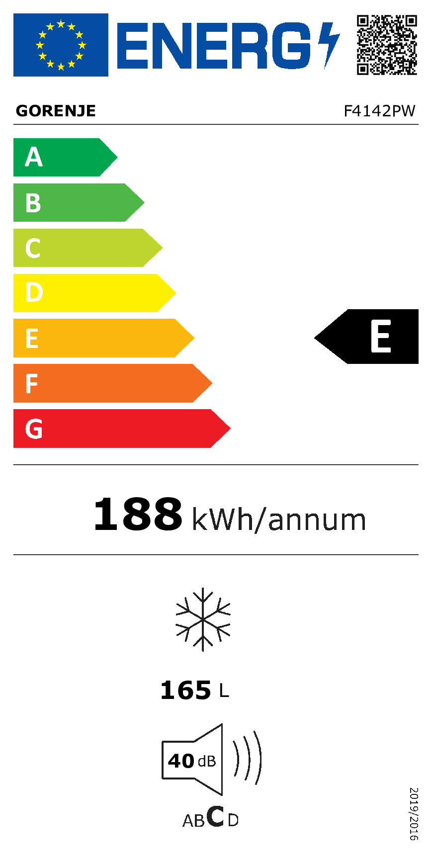 Etykieta energetyczna Gorenje F4142PW, klasa E, 188 kWh/rok, 165 L, 40 dB.