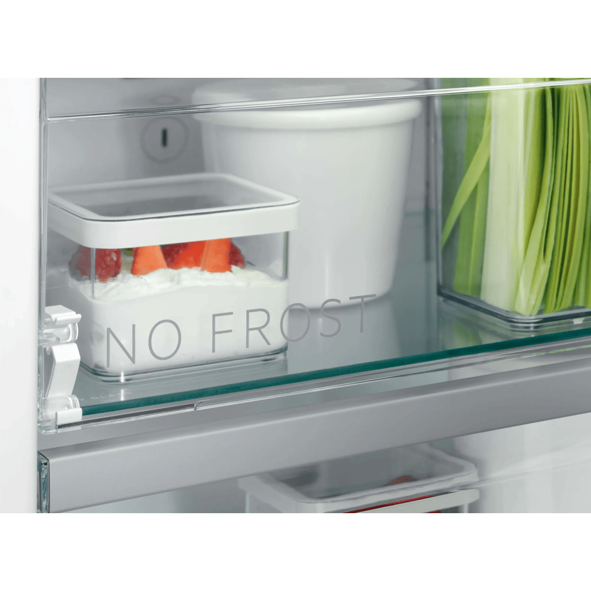 Ein Kühlschrankregal mit Vorratsdosen für Obst, Joghurt und Gemüse sowie dem Text "NO FROST".