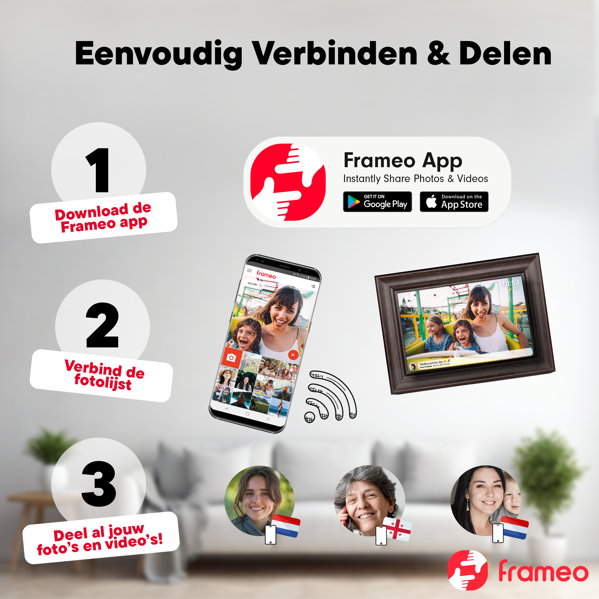 Guide en trois étapes sur l'utilisation de l'application Frameo et du cadre photo numérique.