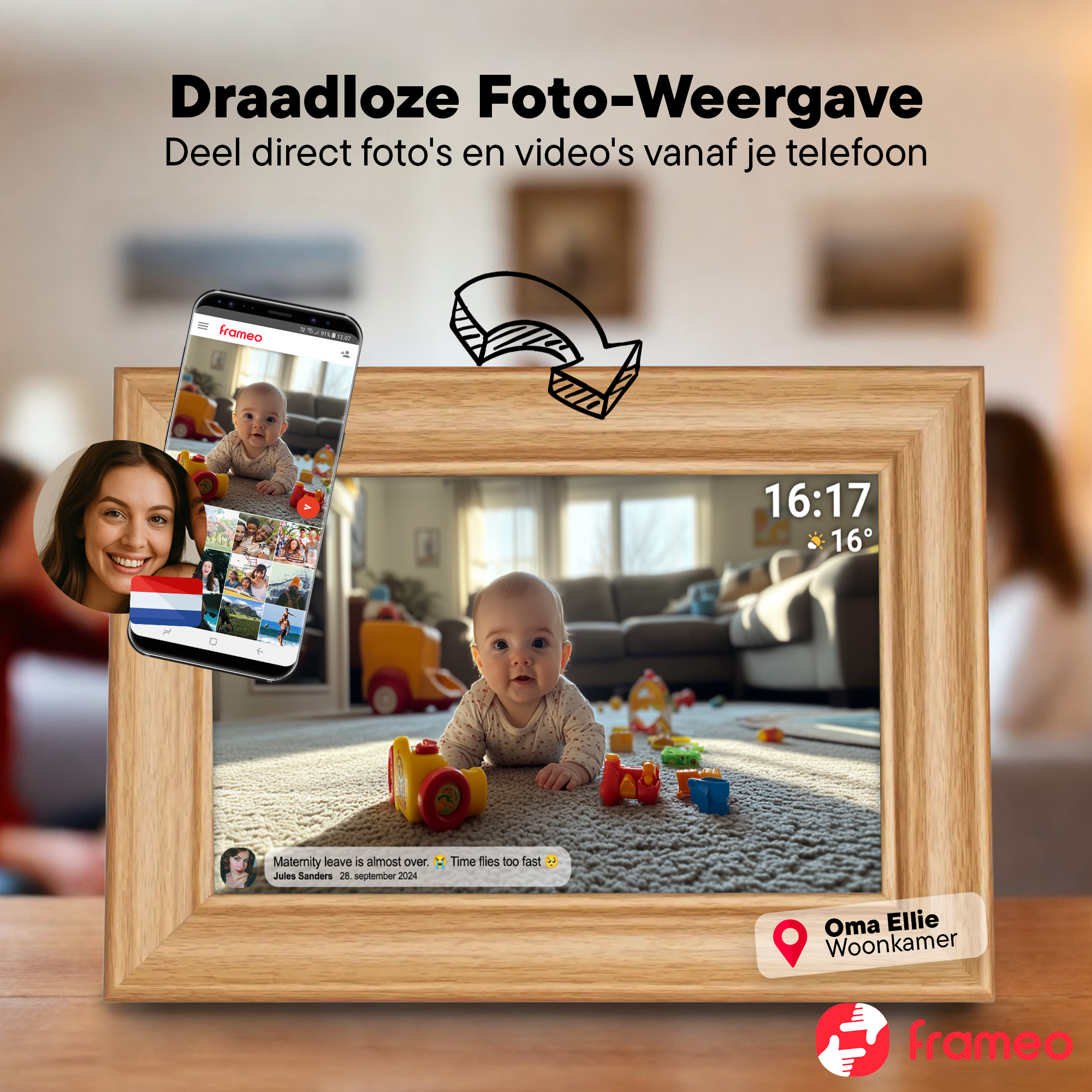 Un cadre photo en bois montre un bébé sur un tapis, tandis qu'un smartphone transfère des photos.