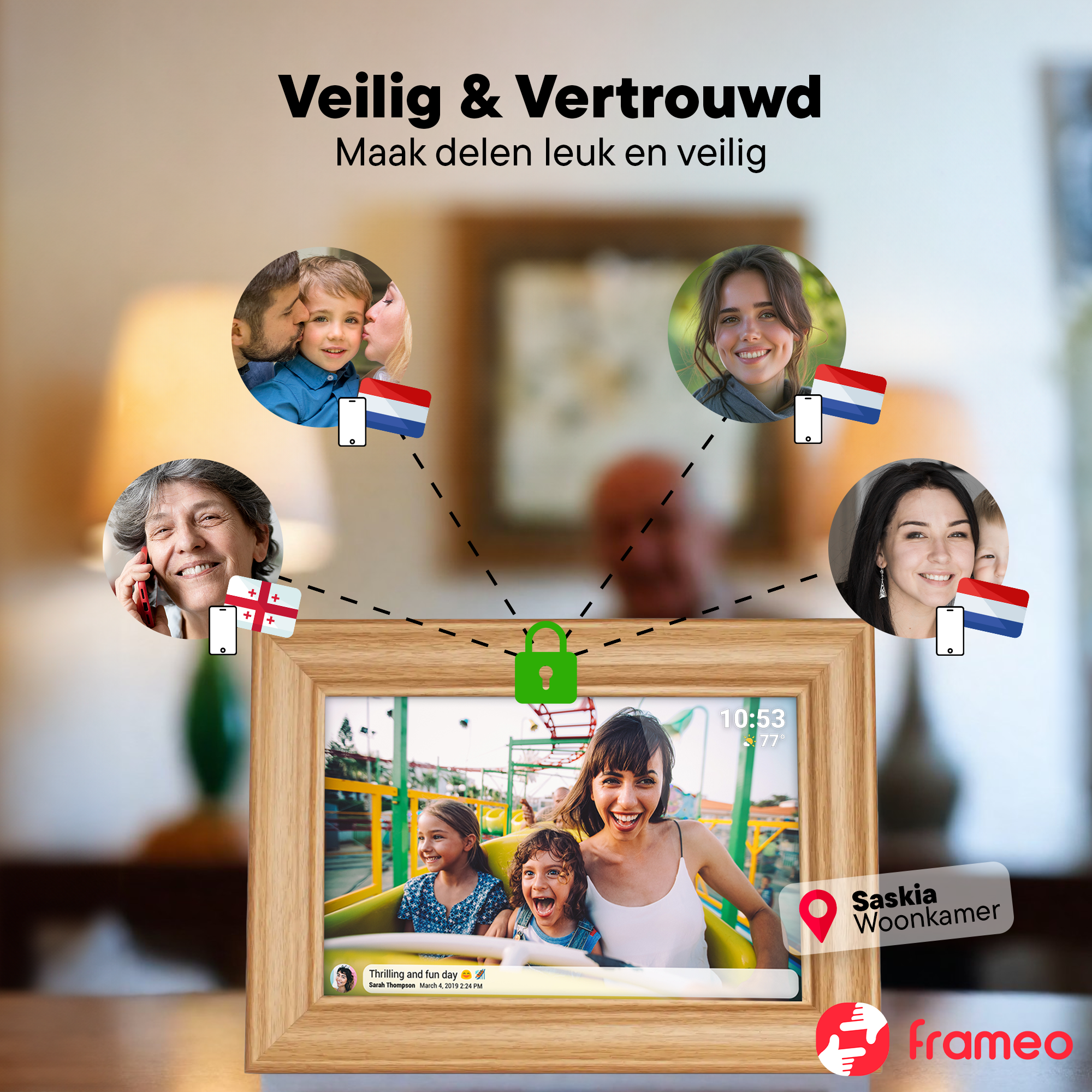 Un cadre photo numérique avec un cadenas connecté à quatre bulles d'appel vidéo de famille et d'amis.