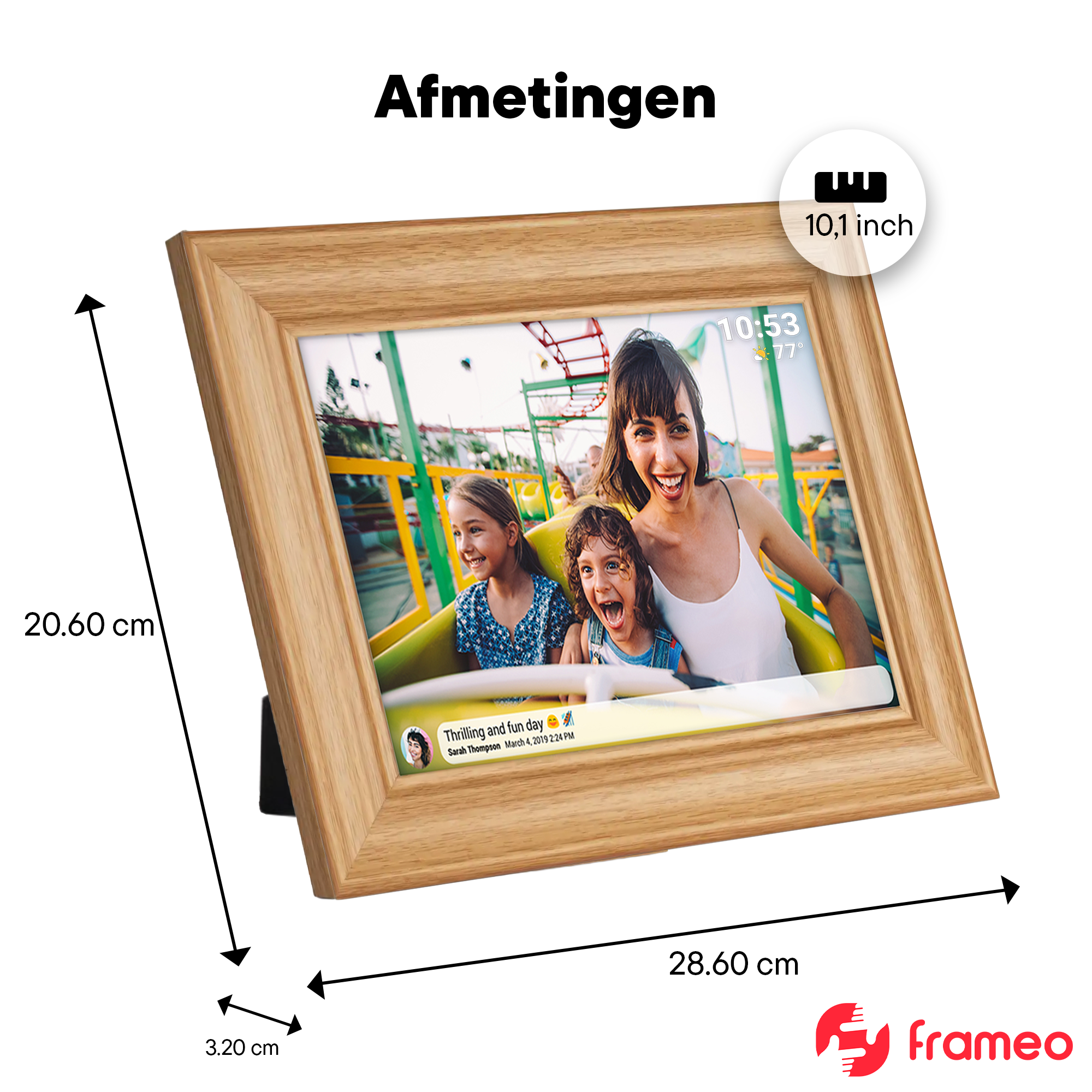 Cadre photo numérique en bois avec des dimensions de 28,60 x 20,60 cm et une profondeur de 3,20 cm.