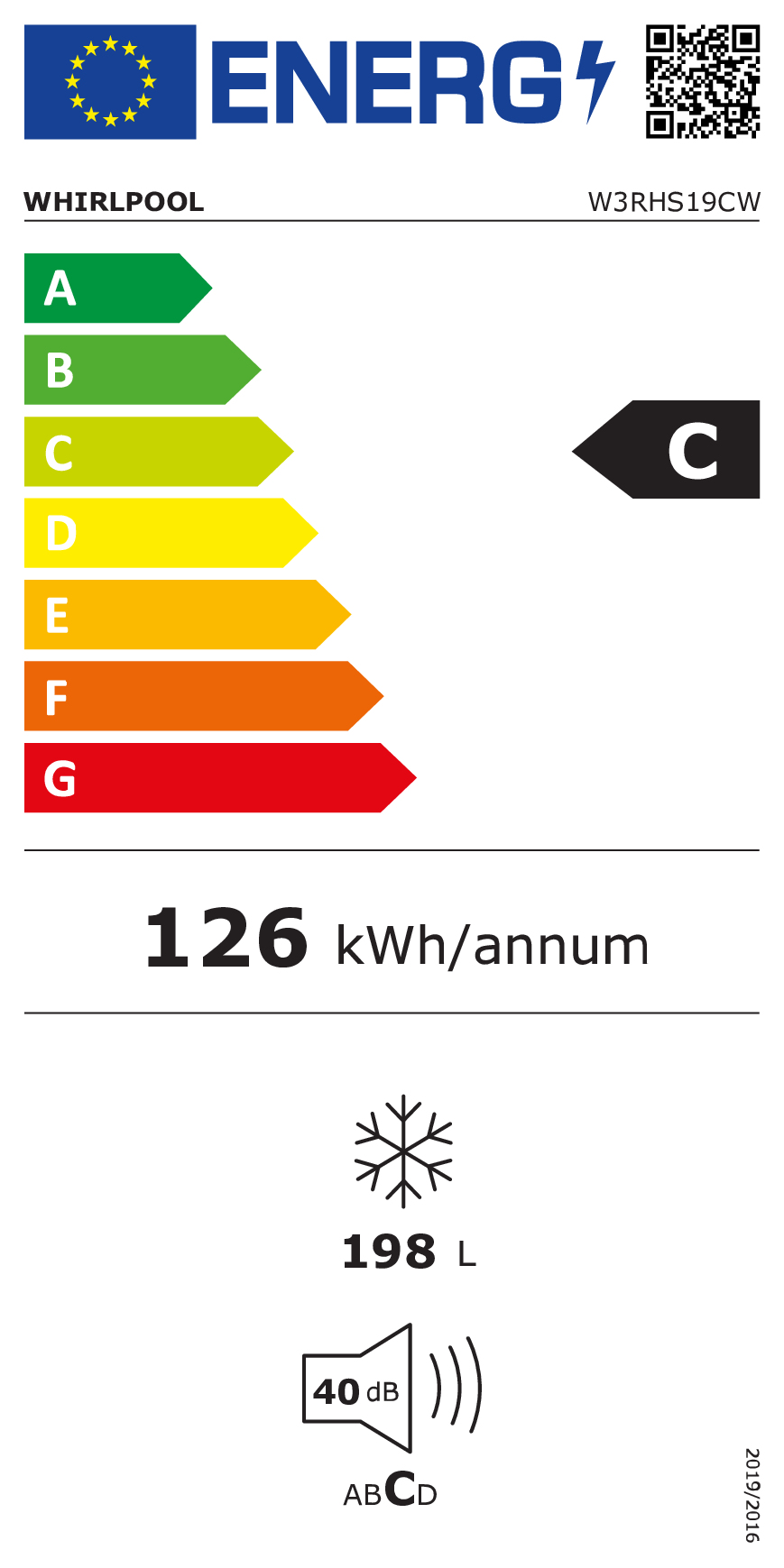 Etichetta energetica Whirlpool C, 126 kWh all anno, 198 litri, 40 dB.