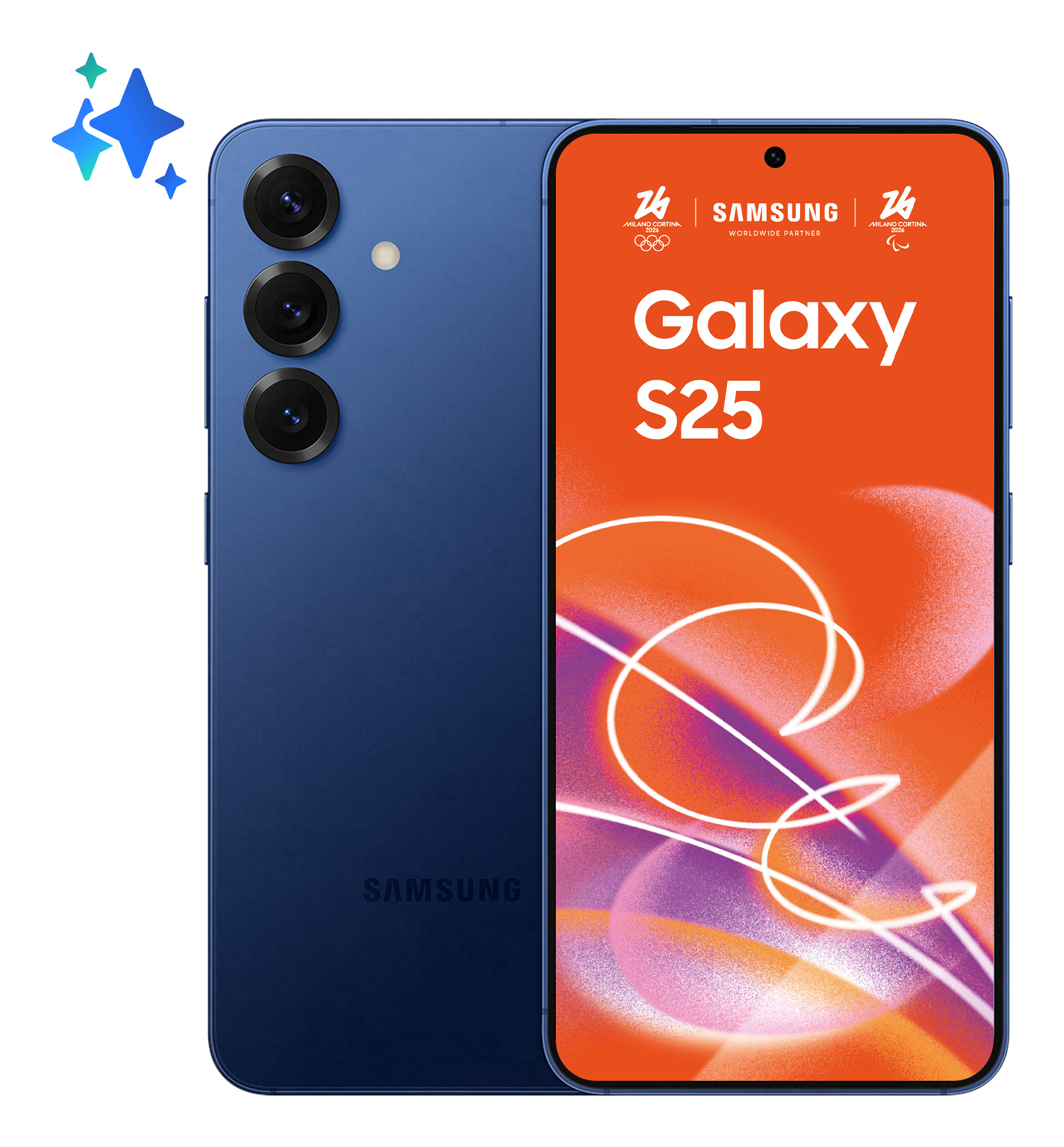 Blaues Samsung Galaxy S25 Smartphone mit dreifacher Kamera hinten und farbigem Grafik-Bildschirm vorne.