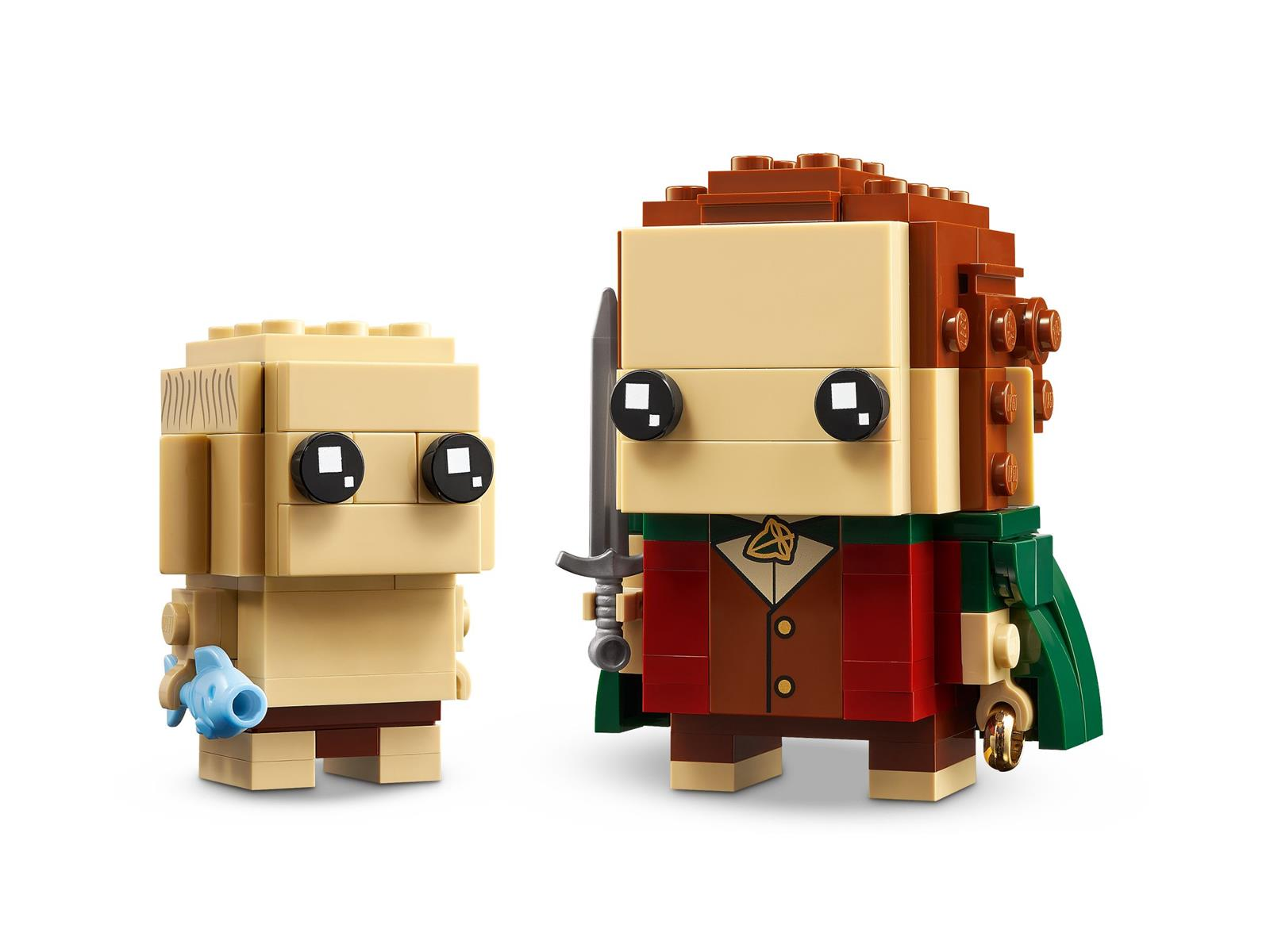 Zwei Lego BrickHeadz Figuren von Gollum mit Fisch und Frodo mit Schwert und Ring vor weißem Hintergrund.