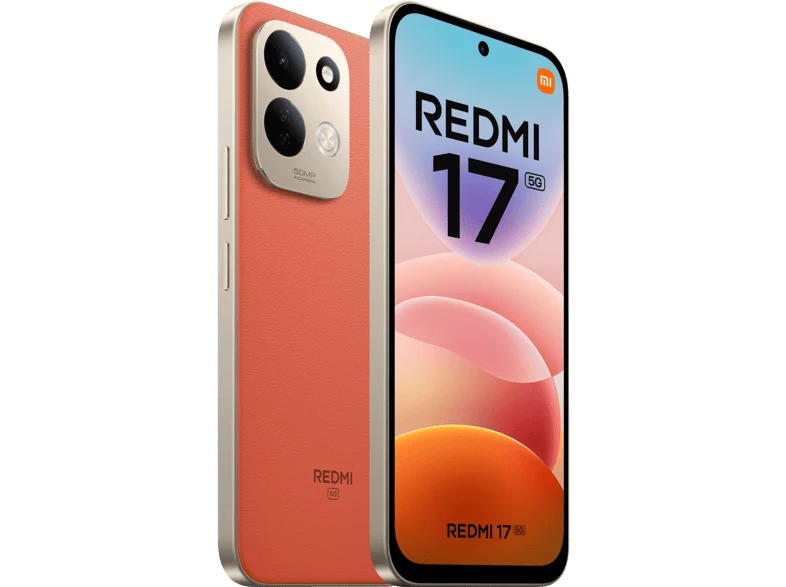 Redmi 17 5G Smartphone mit orangener Lederückseite und goldener Kamera, Vorderseite zeigt Display.