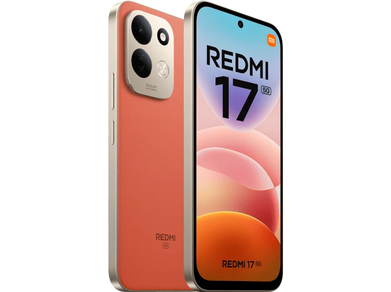 Zwei Redmi 17 5G Smartphones mit orangefarbener Rückseite und hellen Displays.