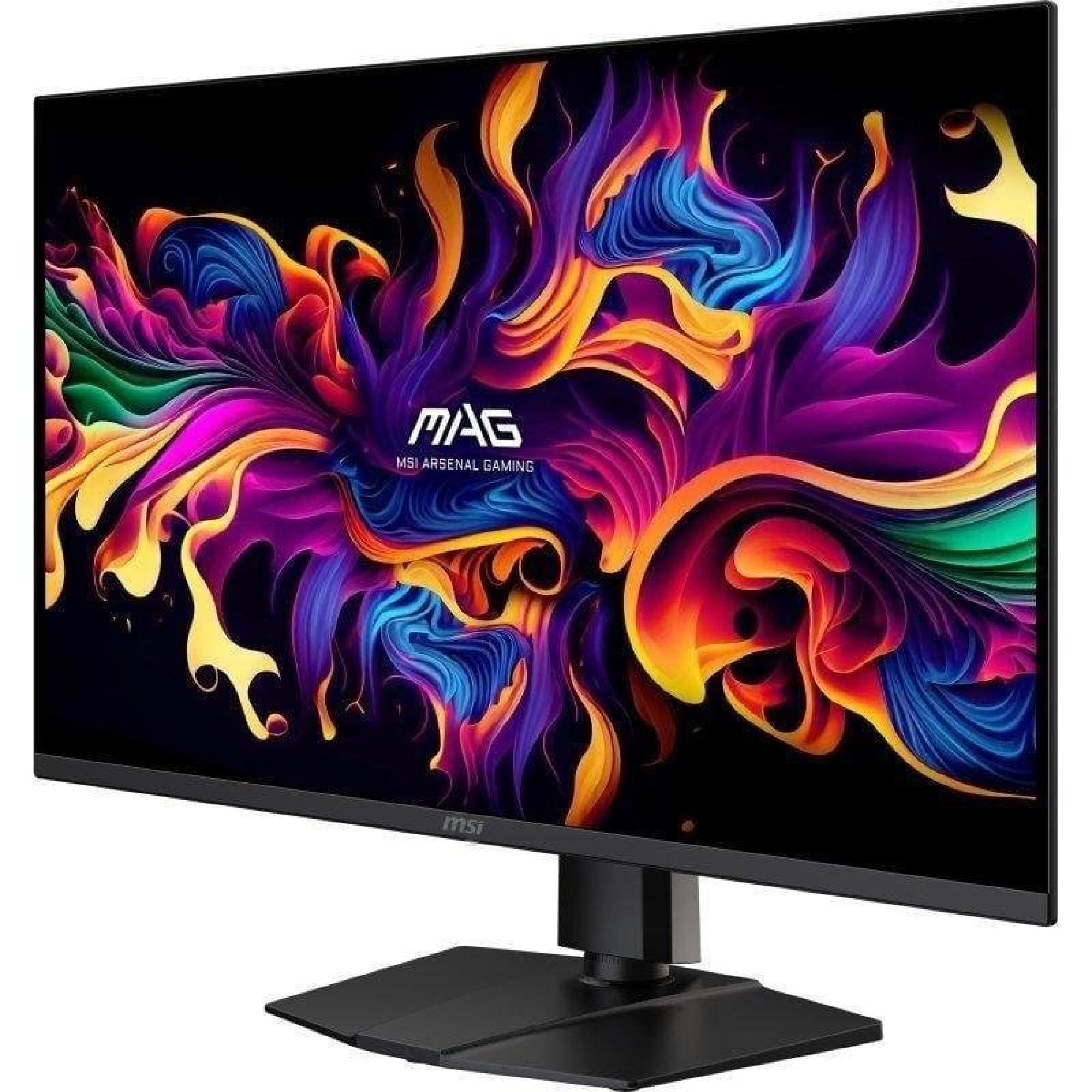 Un monitor de juegos MSI muestra una colorida obra de arte abstracta con las letras MAG.